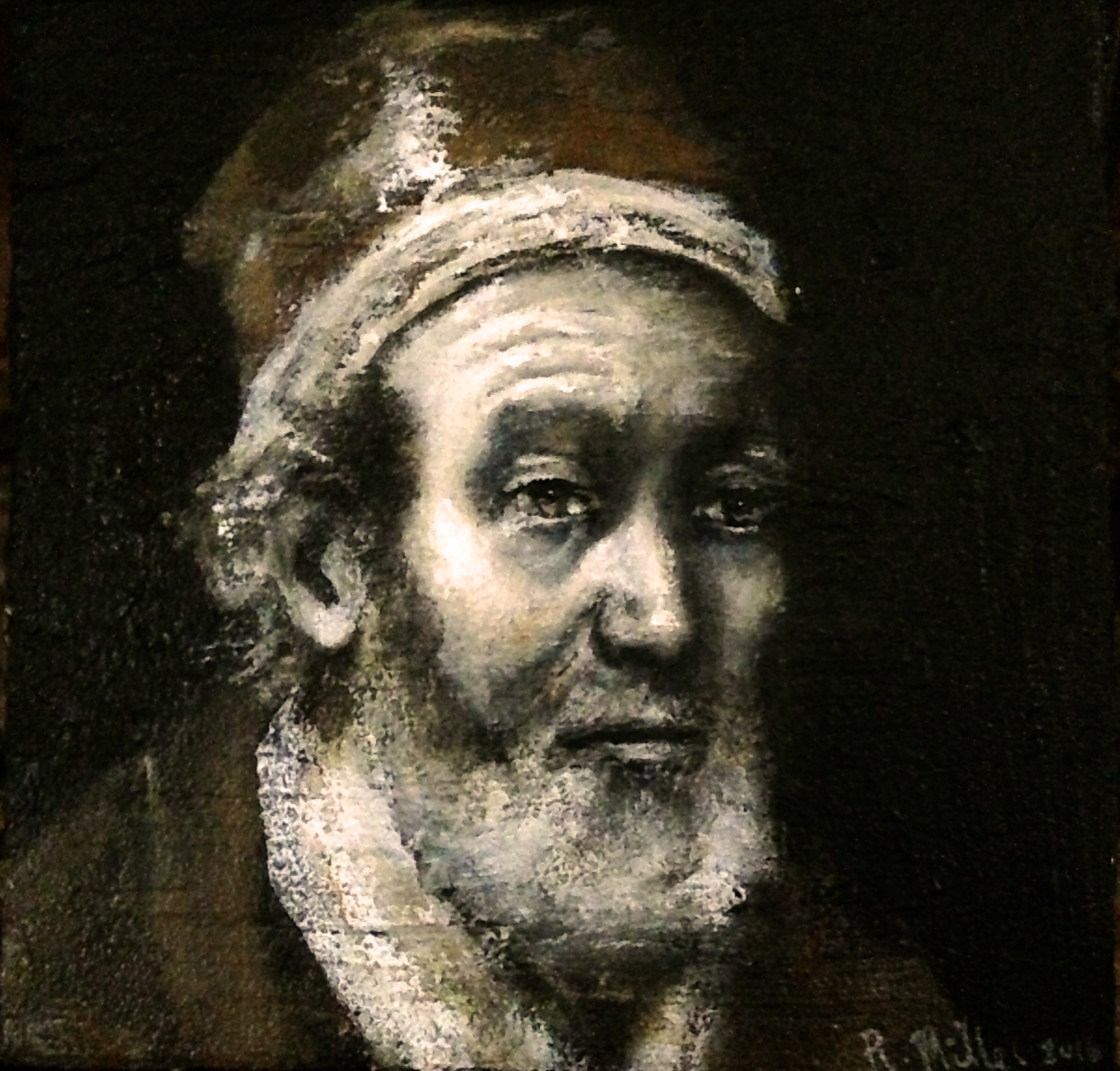 My Take on "Portrait of Jacob Trip" by Rembrandt only mine is 4x4 inches.... Acrylic, oil, texture medium on tiny canvas