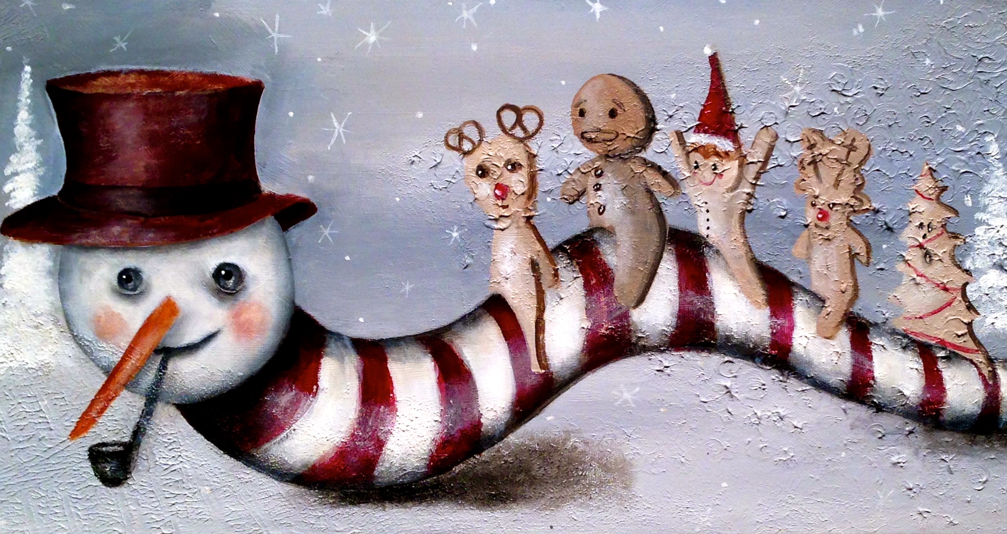 (closeup) Cookie Train, 2016 Oil, Acrylic, texture medium on canvas, 10"x30"
