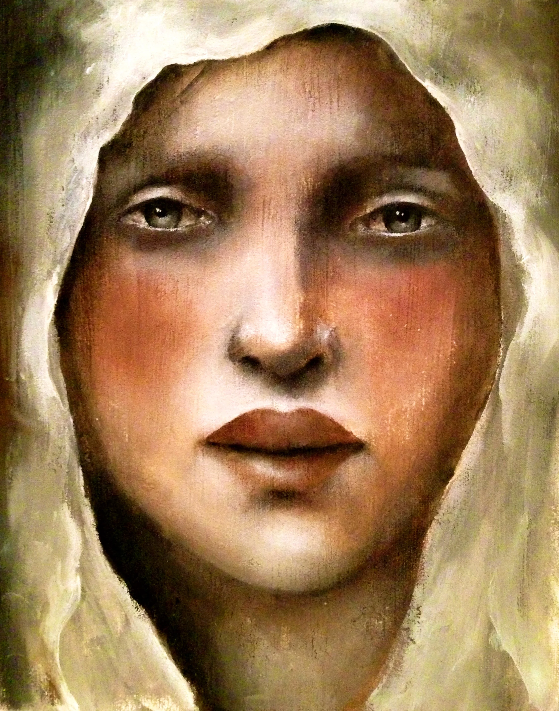 Veiled Girl, 2017Acrylic, oil, texture medium on canvas, 8"x10"