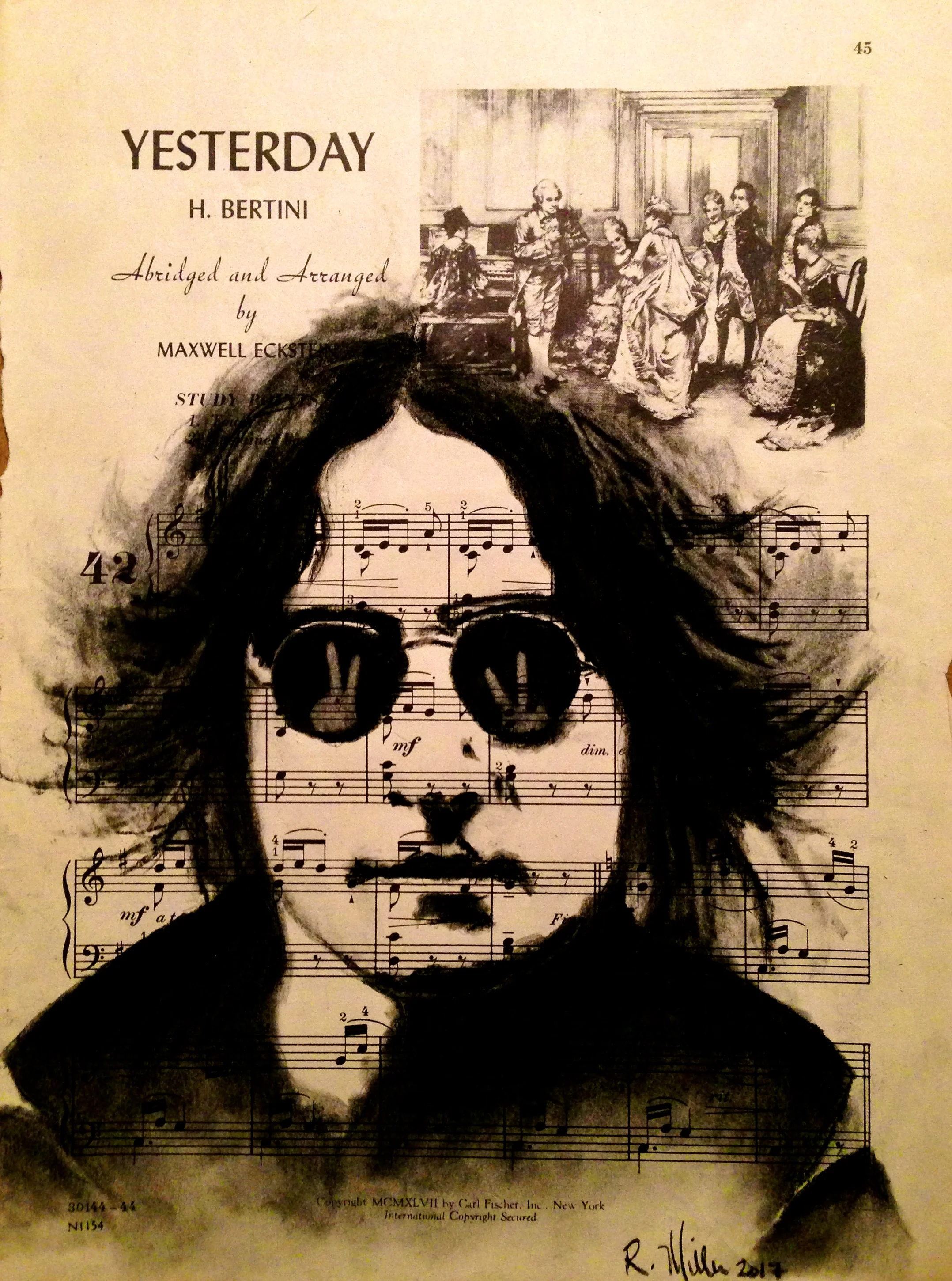 Yesterday, 2017Charcoal on antique sheet music