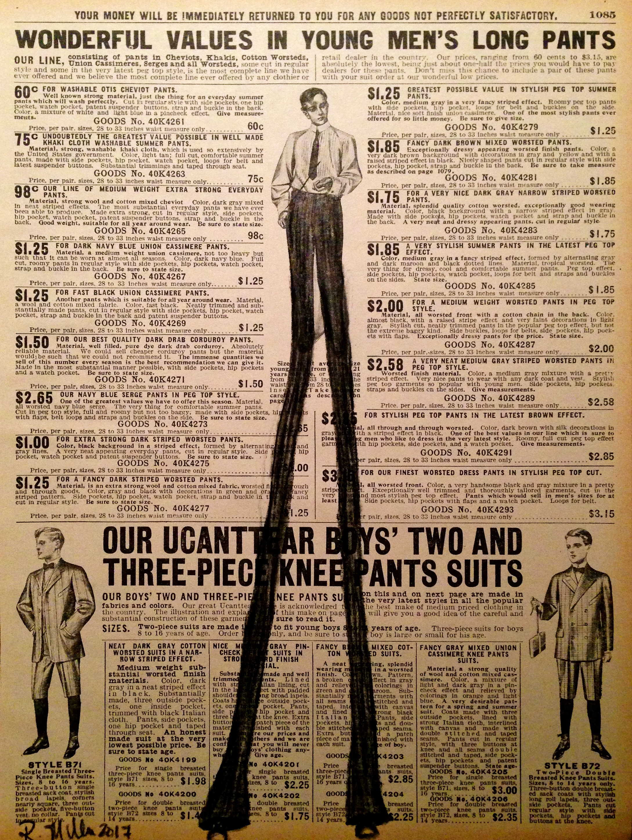 Pants, 2017 Charcoal on antique catalog