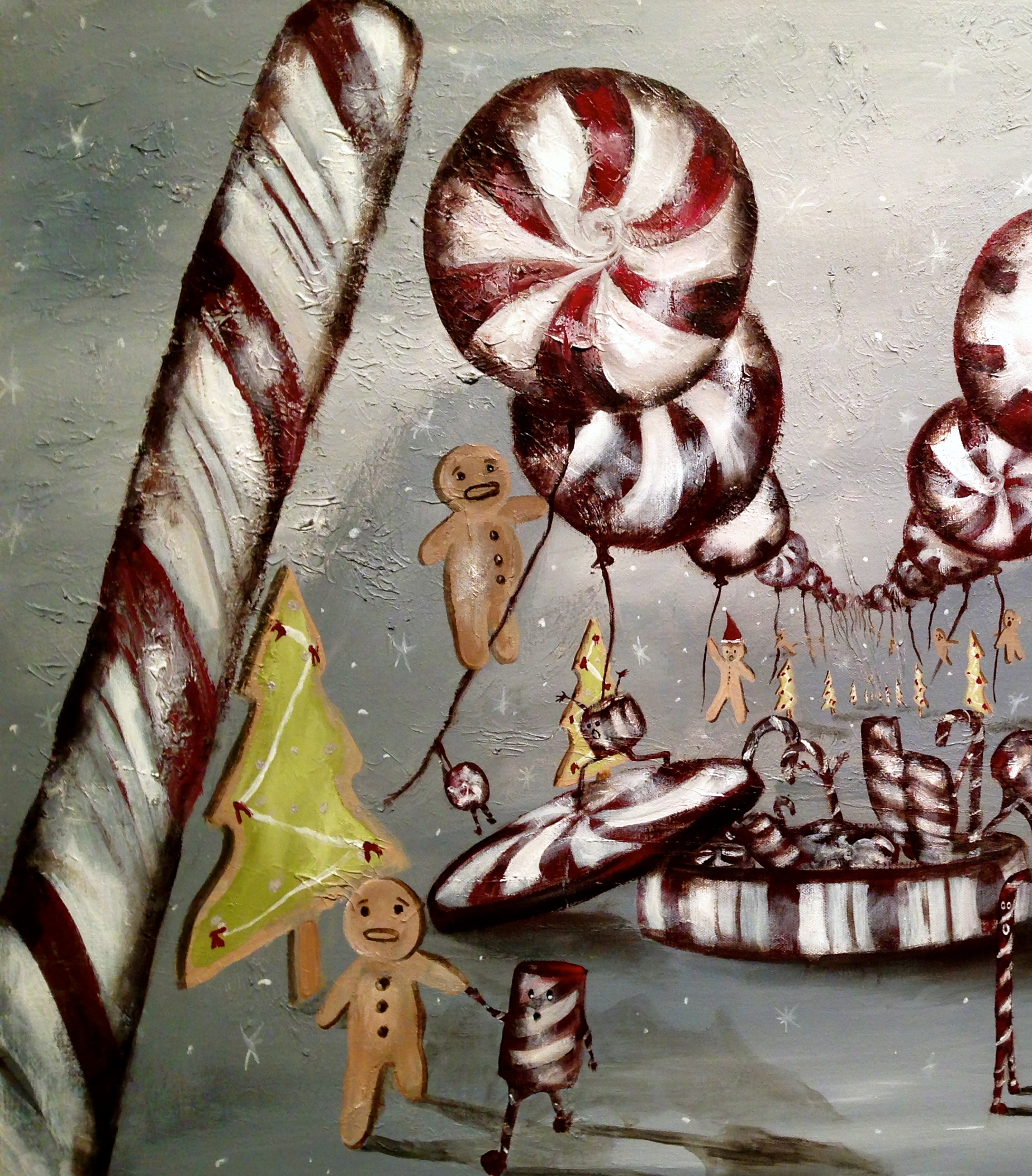 (left side closeup) The Great Escape. 2016 Acrylic, oil on canvas, 36"x48"