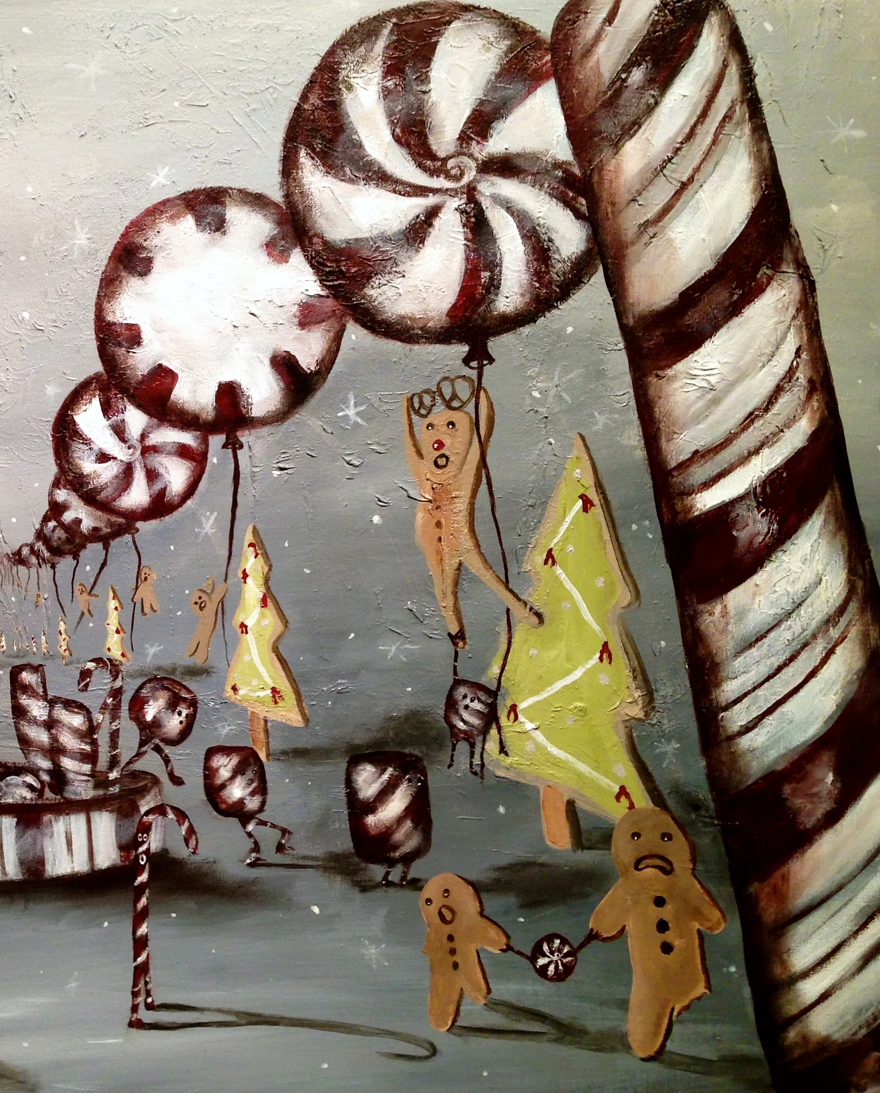 (right side closeup) The Great Escape. 2016 Acrylic, oil on canvas, 36"x48"