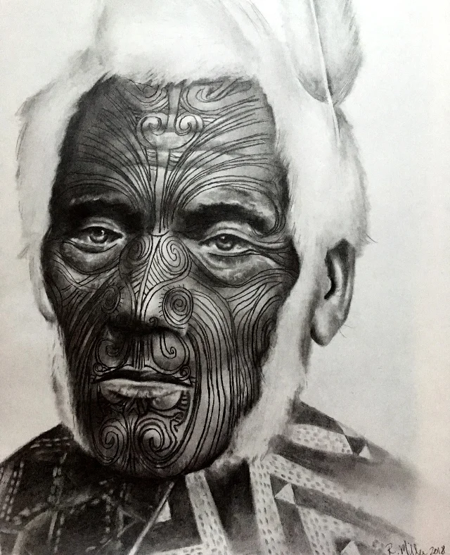 Maori Chief Anehana, 2018 ~Ki te kahore he whakakitenga ka ngaro te iwi -Without foresight or vision the people will be lost #2 pencil on paper, 11"x14"