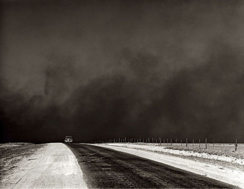 That's dust behind the vehicle. Hard to believe, the godawfulness of those storms...