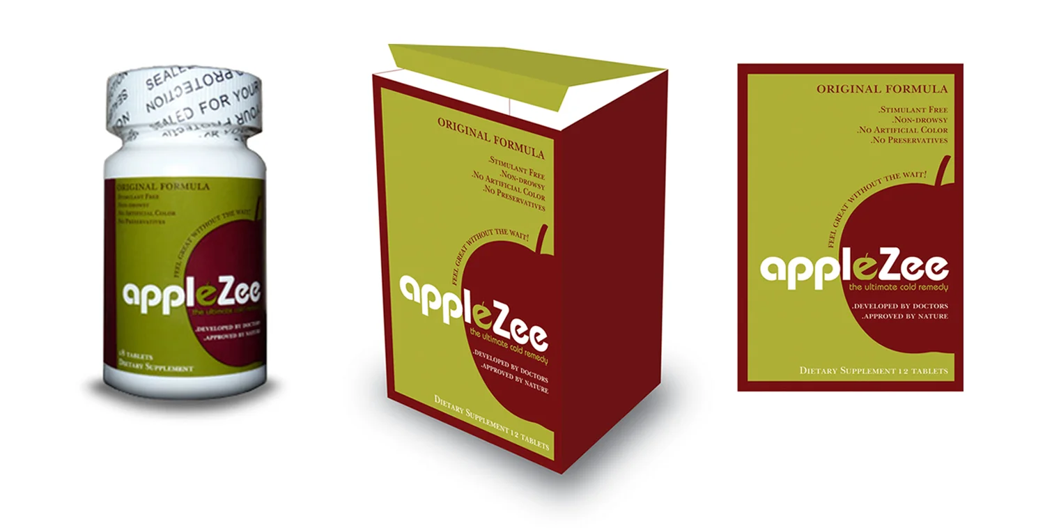   AppleZee:: &nbsp; AppleZee is an all-natural cold remedy using specific ingredients not found in 
other cold supplements. Branding, including logo and package design, 
were created &nbsp;based on the need to convey a natural product that speaks 
to