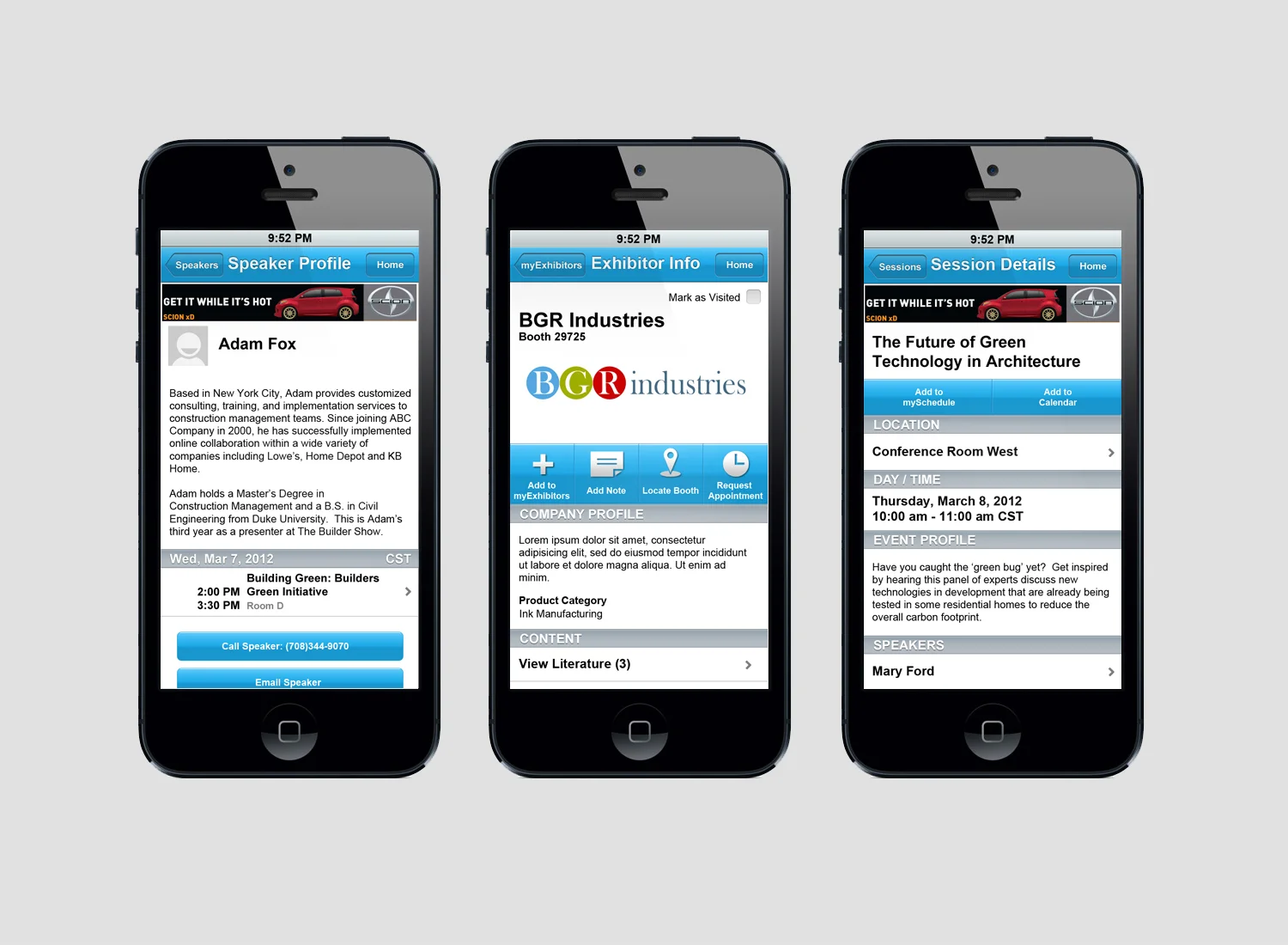   ConnectME:: &nbsp; The mobile version of ConnectME is a simplified version of the web application, although it still provides a great deal of functionality for attendees to perform show-related tasks.    &lt; back to portfolio   