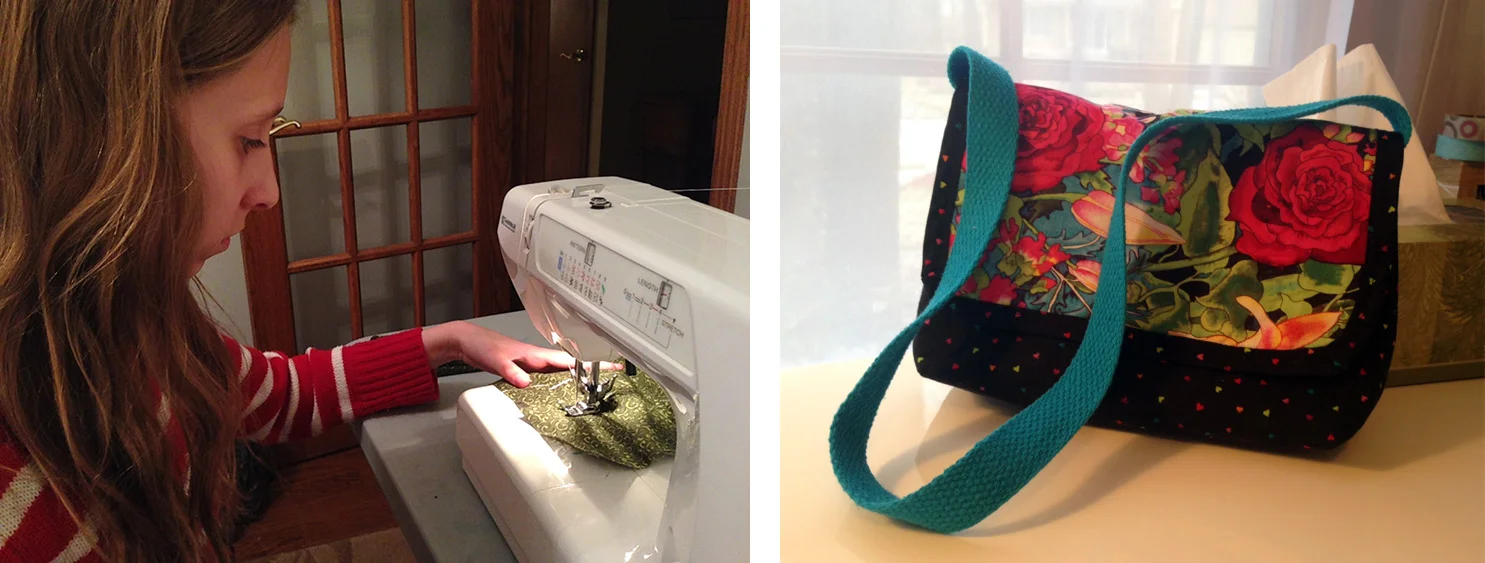 Here Emma is practicing, getting used to the sewing machine and the finished product on the right. She picked out the fabric, too.