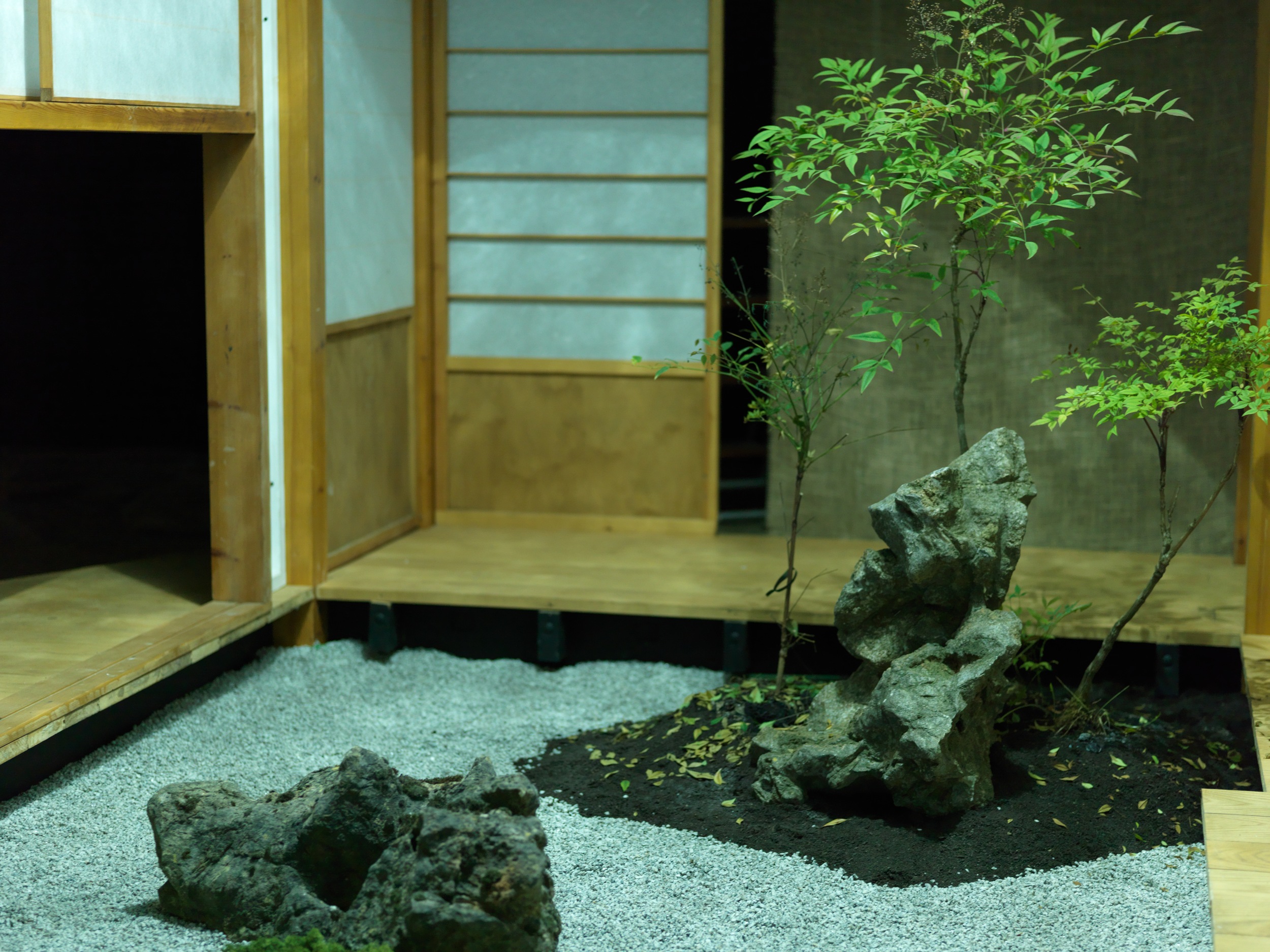 Close up view of the Japanese tea house & interior garden