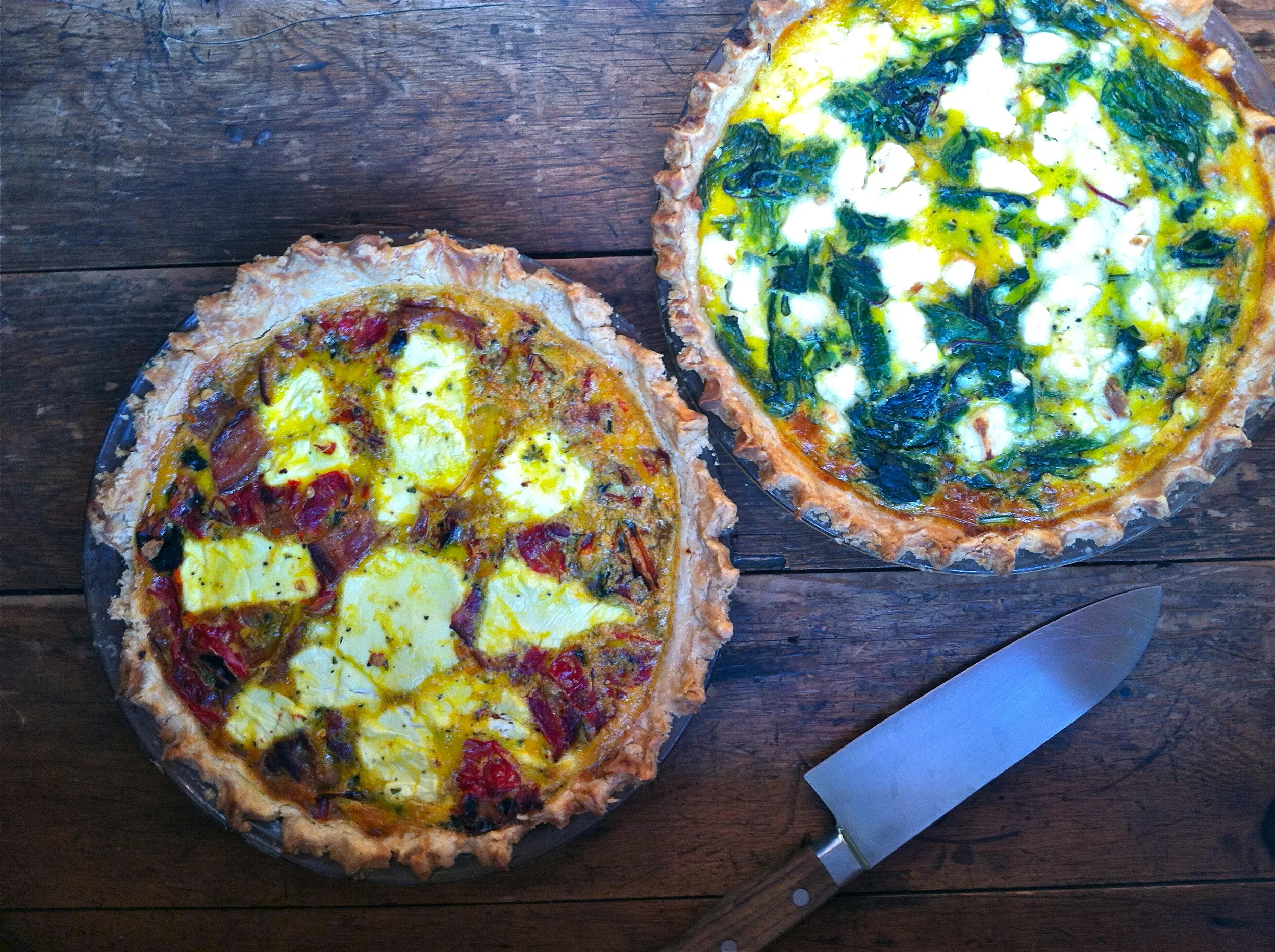 Roasted Jim Nardello Peppers, Caramelized Onions with Bacon and Fresh Chèvre + Spring Baby Green Quiche with Fresh Feta and Caramelized Mushrooms