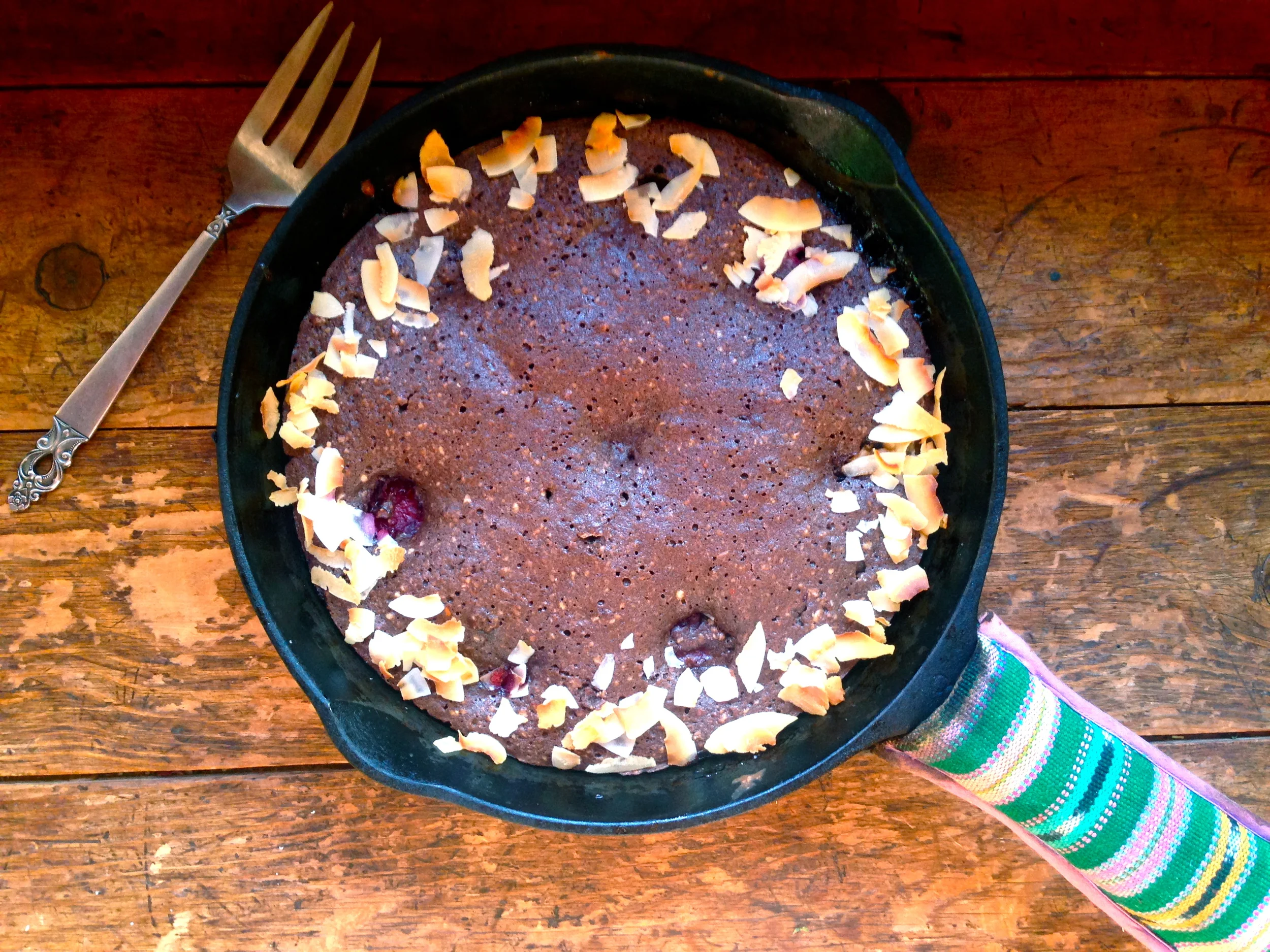 Chocolate Skillet Cake with Santa Rosa + toasted Coconut shavings