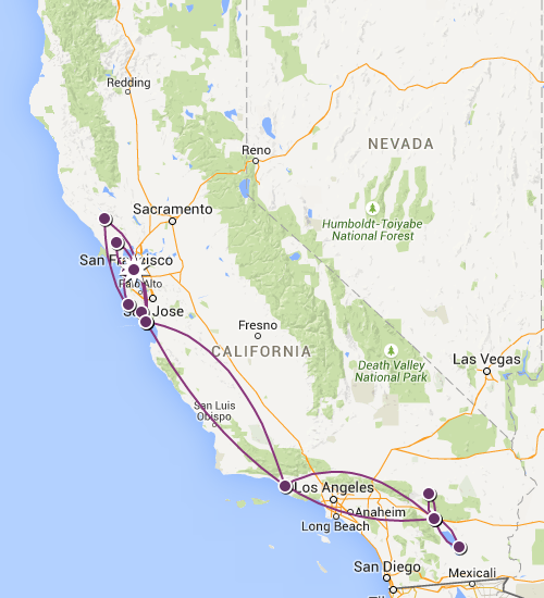 Miles Traveled in California to date appox. 2346 km/ 1457 miles 