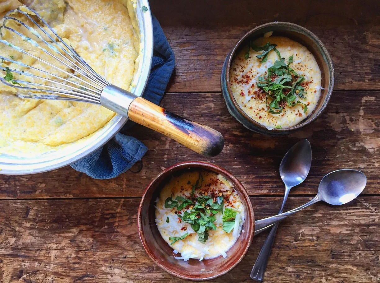 Rice Cooker Grits with Goats Milk at Camp Joy Gardens. Boulder Creek, CA