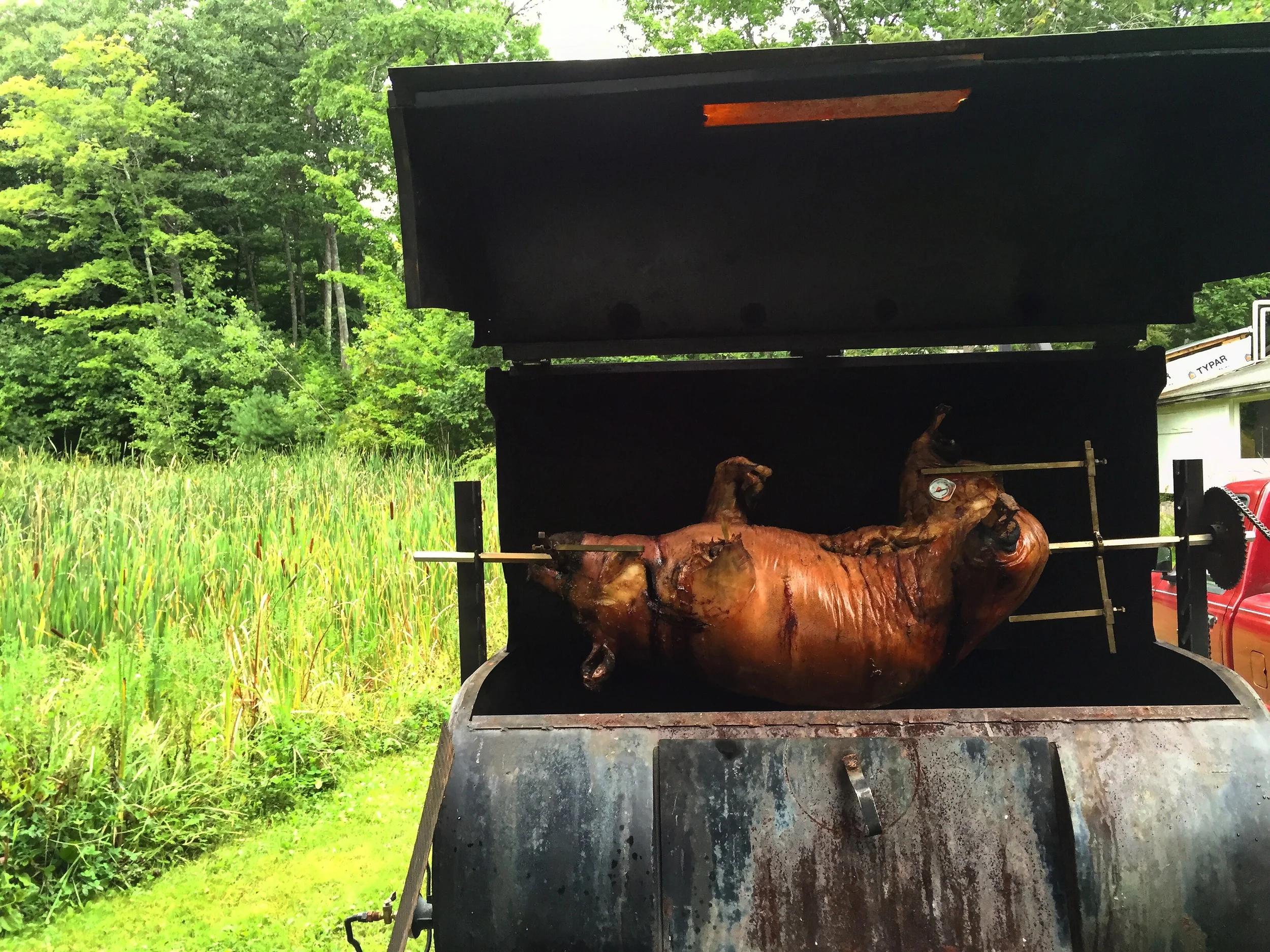 Davis' Heritage Hog in the Smoker at Oxbow Brewery in Newcastle, Maine