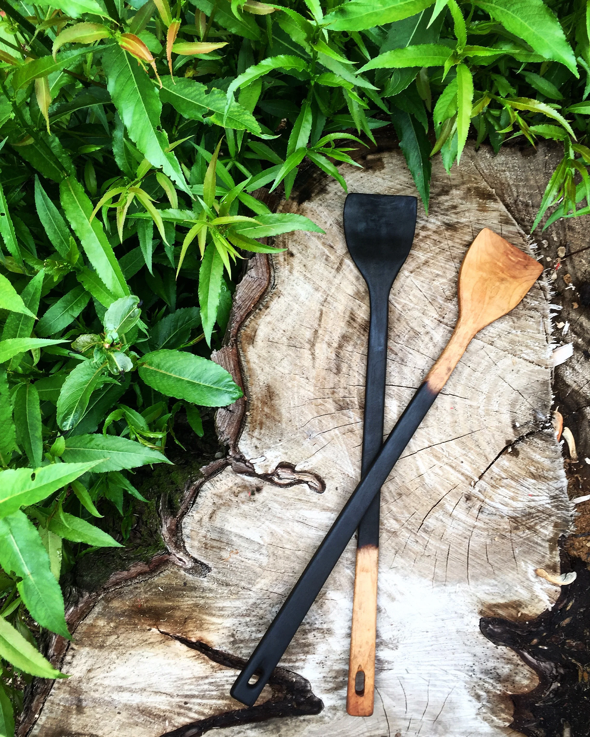 My father and I crafted these extra long wooden spoons for our stock production at Mr. Lee's noodle bar. The flat top allows for scraping the bottom of the pot and the burned detailing a Japanese method called 'Shou Sugi Ban', our homage to ramen's cultural roots.
