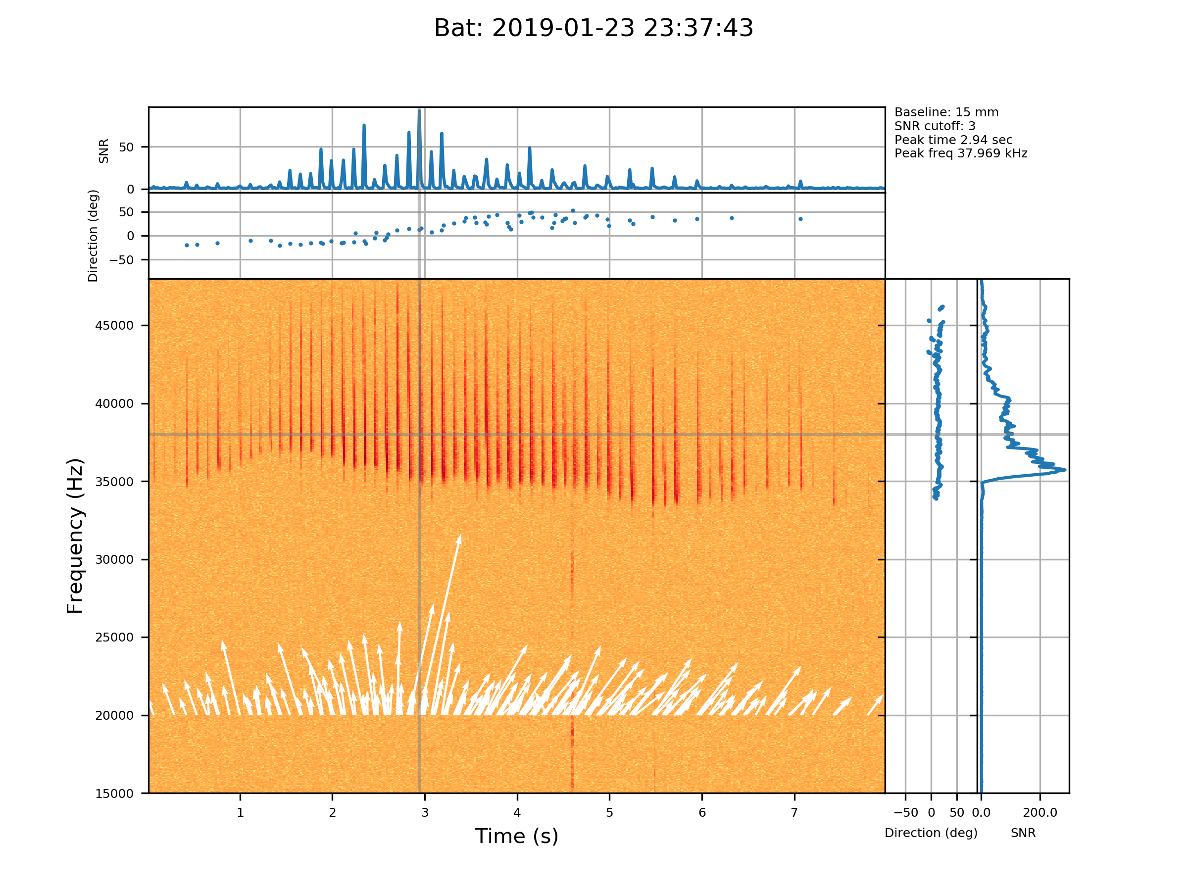 A long-eared bat (Nyctophilus spp) (I think!) observed on 23 Jan 2019. The main panel shows the spectrogram and the white vectors are the measurements of direction to the signal (vector length is related to signal strength). The top two panels show signal strength (measured in signal-to-noise ratio) and direction as a function of time at 38 kHz (indicated by the horizontal line). The two right panels show SNR and direction as a function of frequency (indicated by the vertical line) at the time of the peak. Note the clear change in direction as the bat flies past!