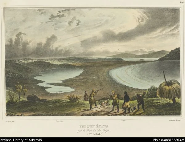 The Sound, by Louis de Sainson, depicts the crew of the Astrolabe atop Mount Adelaide. Green Island is just north of the channel into Oyster Harbour.