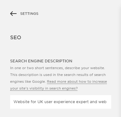 The Squarespace Search Engine Description field. 