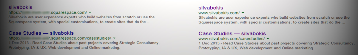 Duplicate content in Google caused by Squarespace built in url being indexed. An SEO problem? Perhaps. 