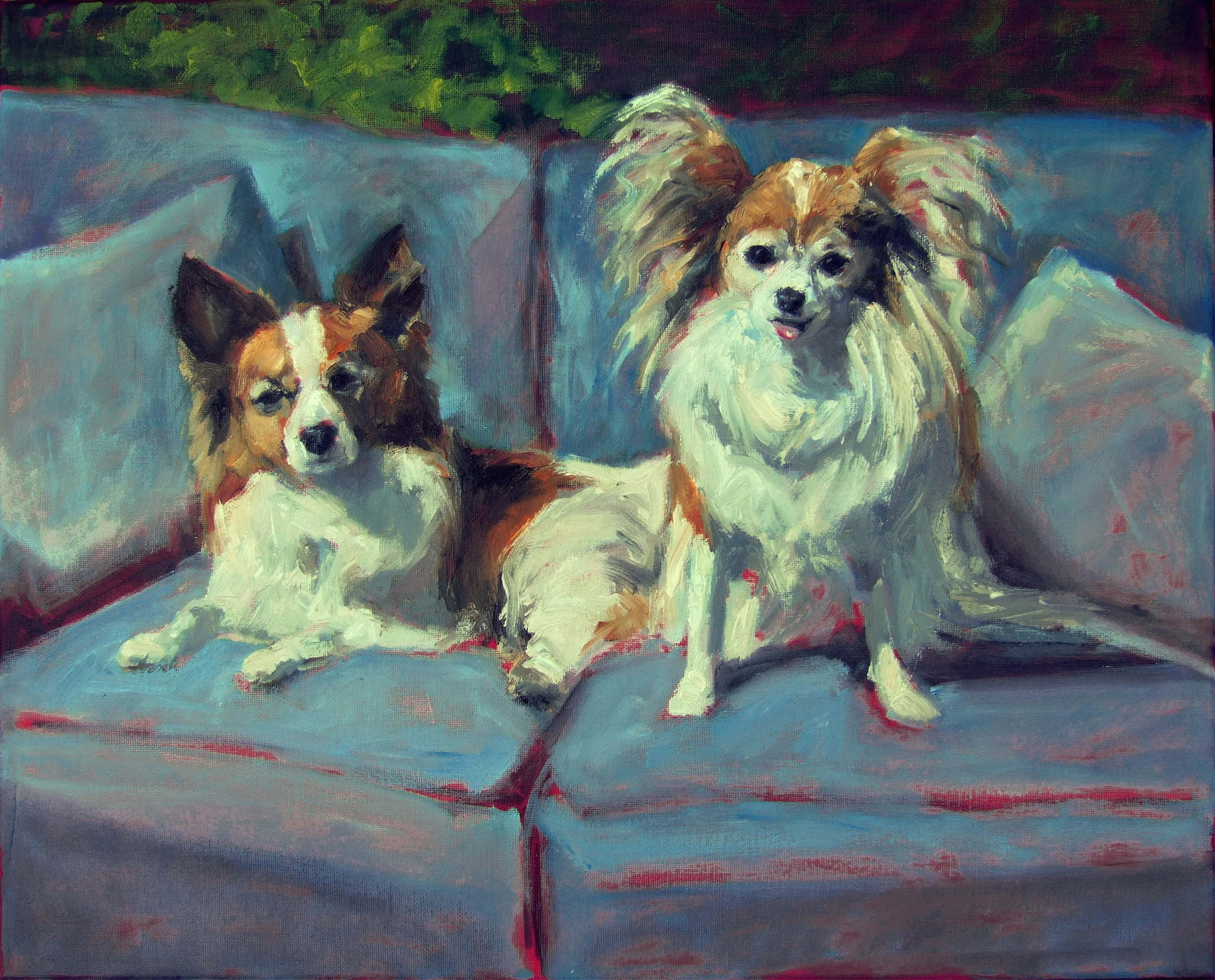 Two Papillons on the Porch 16 x 20"&nbsp; Oil on Canvas
