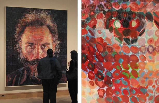 Lucas I (1986–1987), oil & pencil on canvas, seen on display at the Metropolitan Museum of Art , left. Detail of eye, right. The pencil grid and thin undercoat of blue is visible beneath the splotchy "pixels." The painting's subject is fellow artist Lucas Samaras .