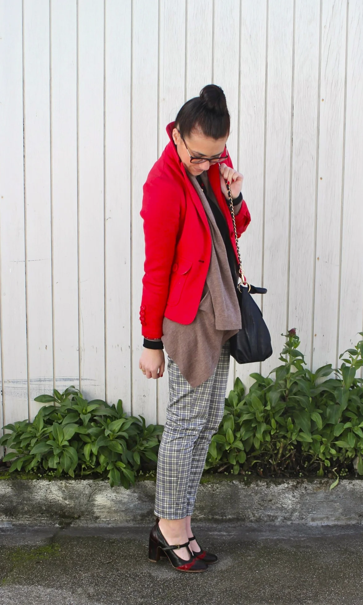Red Blazer: Forever21; Draped Oatmeal Sweater: Jigsaw London; Black Top: Vince; Plaid Legging Pants: Uniqlo; Leather Color-Blocked Mary Janes: Frye; Geometric Necklace: Vintage, circa 1970s; Glasses: Prada