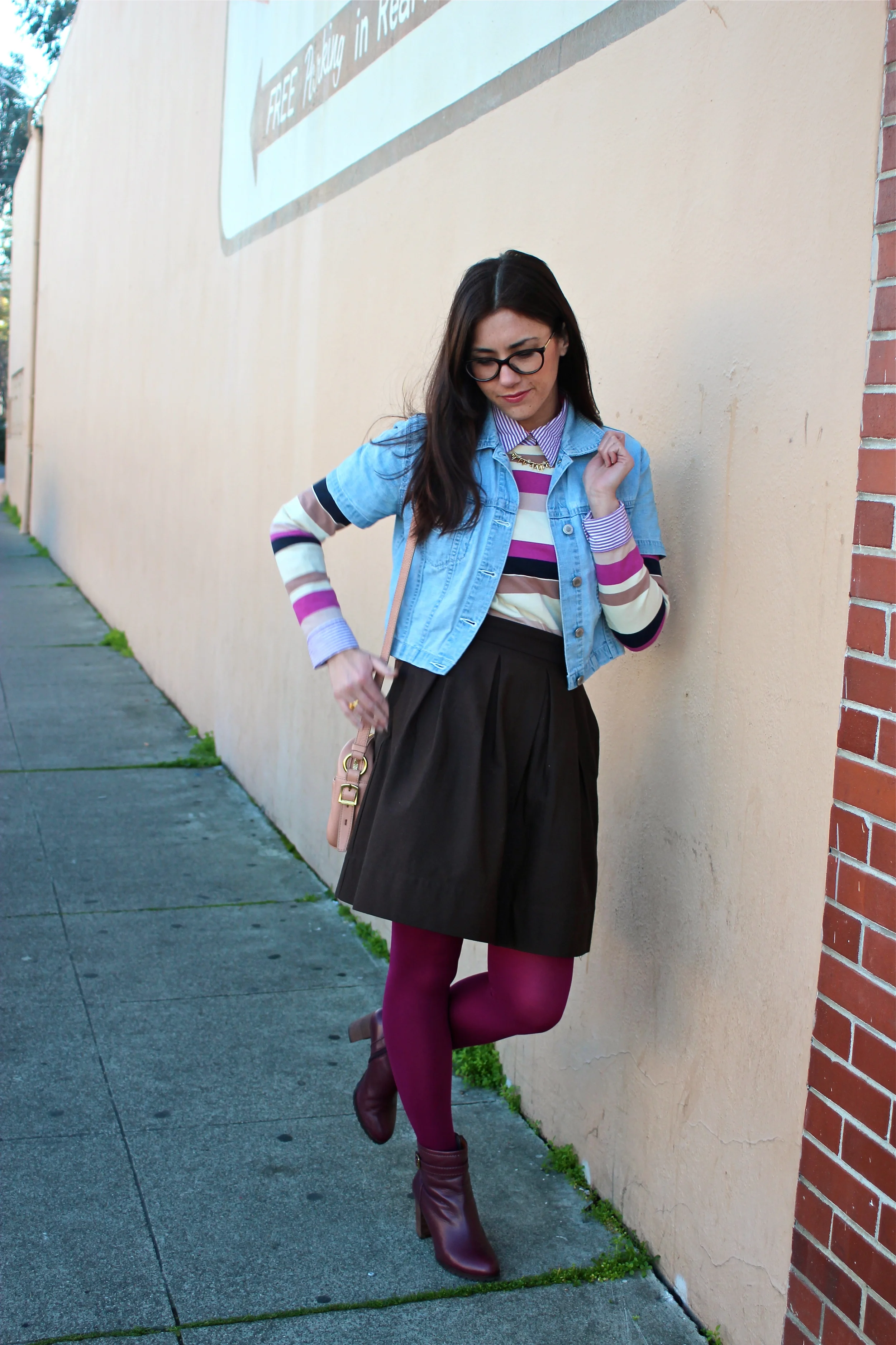 Denim Short Sleeve Button Up: Gap , Vintage; Purple Striped Button-Up Shirt: American Eagle ; Color Block Top: J.Crew; Nip Tuck Pleated Skirt: Jigsaw London ; Magenta Tights: Marks & Spencer ; Berry Booties: Le Saunda , Hong Kong; Bag: J.Crew ; Necklace: Stella & Dot