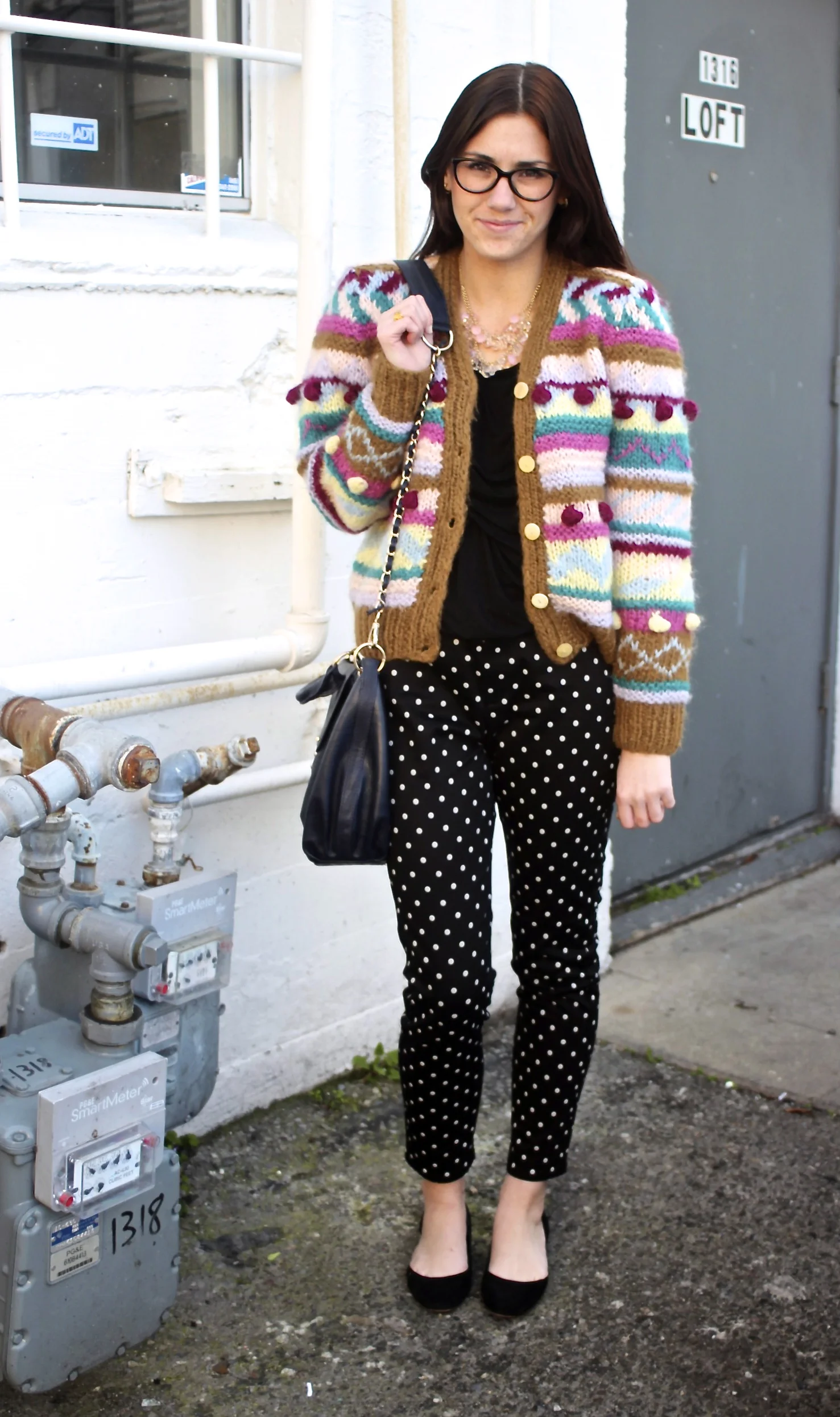 Bubble Knit Mohair Sweater: Vintage, circa 1980; Twist Front Top: Jigsaw London; Polka Dotted Easy Leggings: Uniqlo; Laci Flat: Dolce Vita, Jigsaw London; Necklace: Urban Outfitters