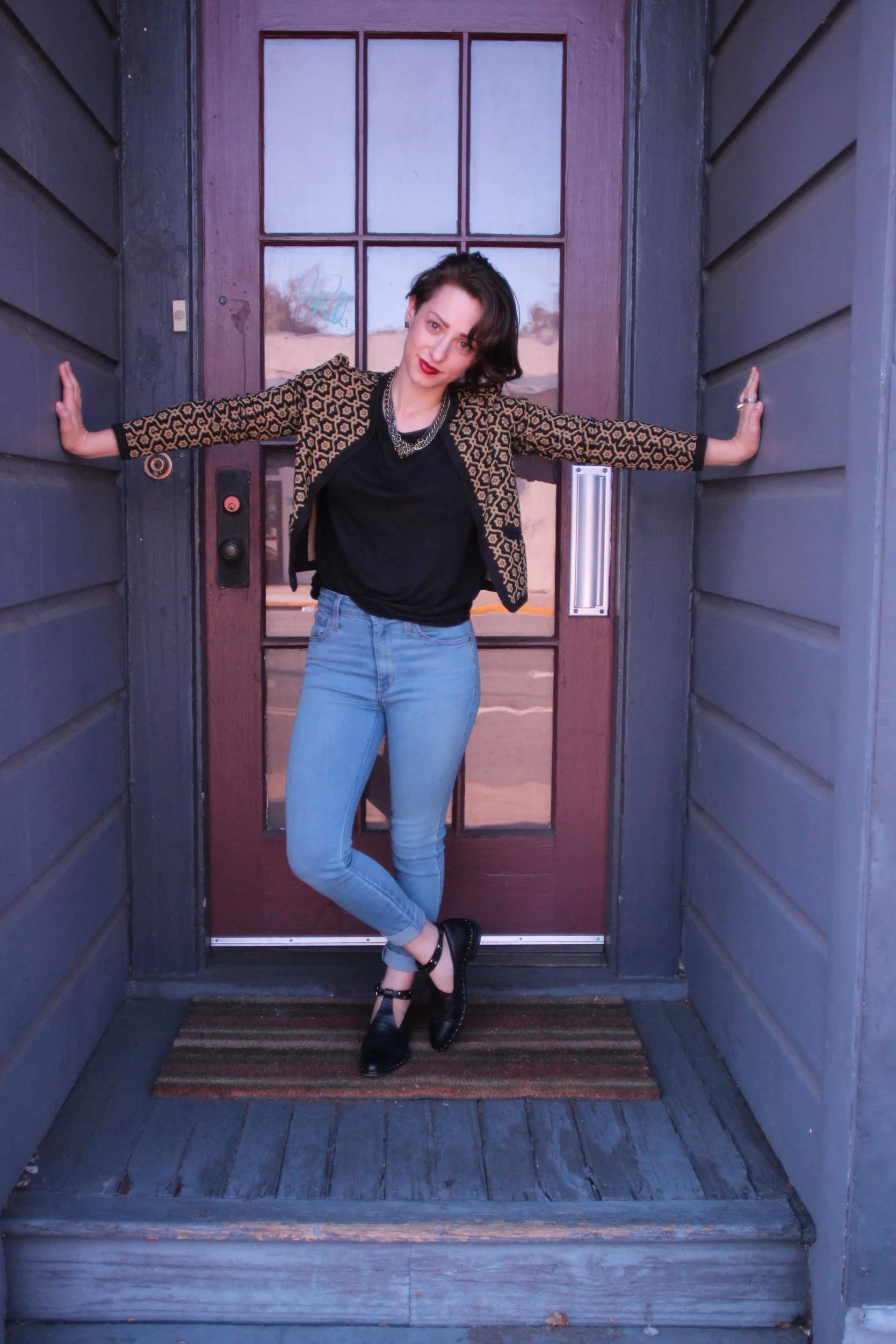 Sweater: Frenchi, Linen Tee: Jigsaw London, Denim: James Jeans, Shoes: Freda Salvador