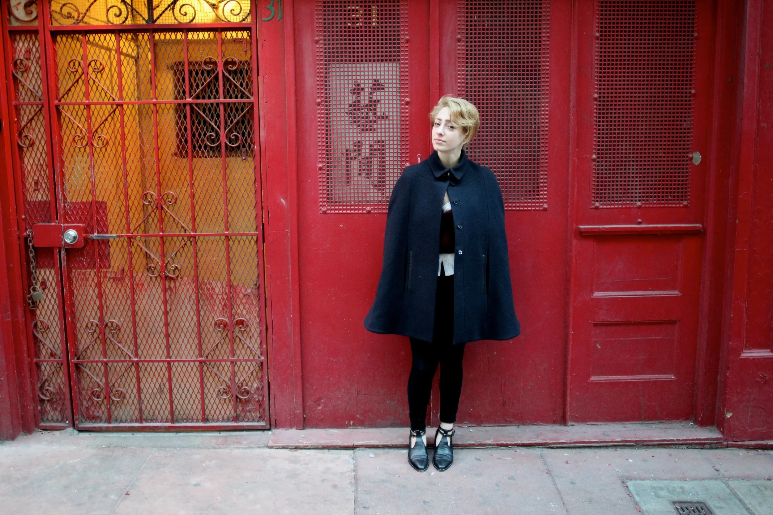 Cape: Jigsaw London , Sweater: Wilfred , Top: After Life Boutique (vintage), Corduroy Leggings: Vince, Shoes: Freda Salvador