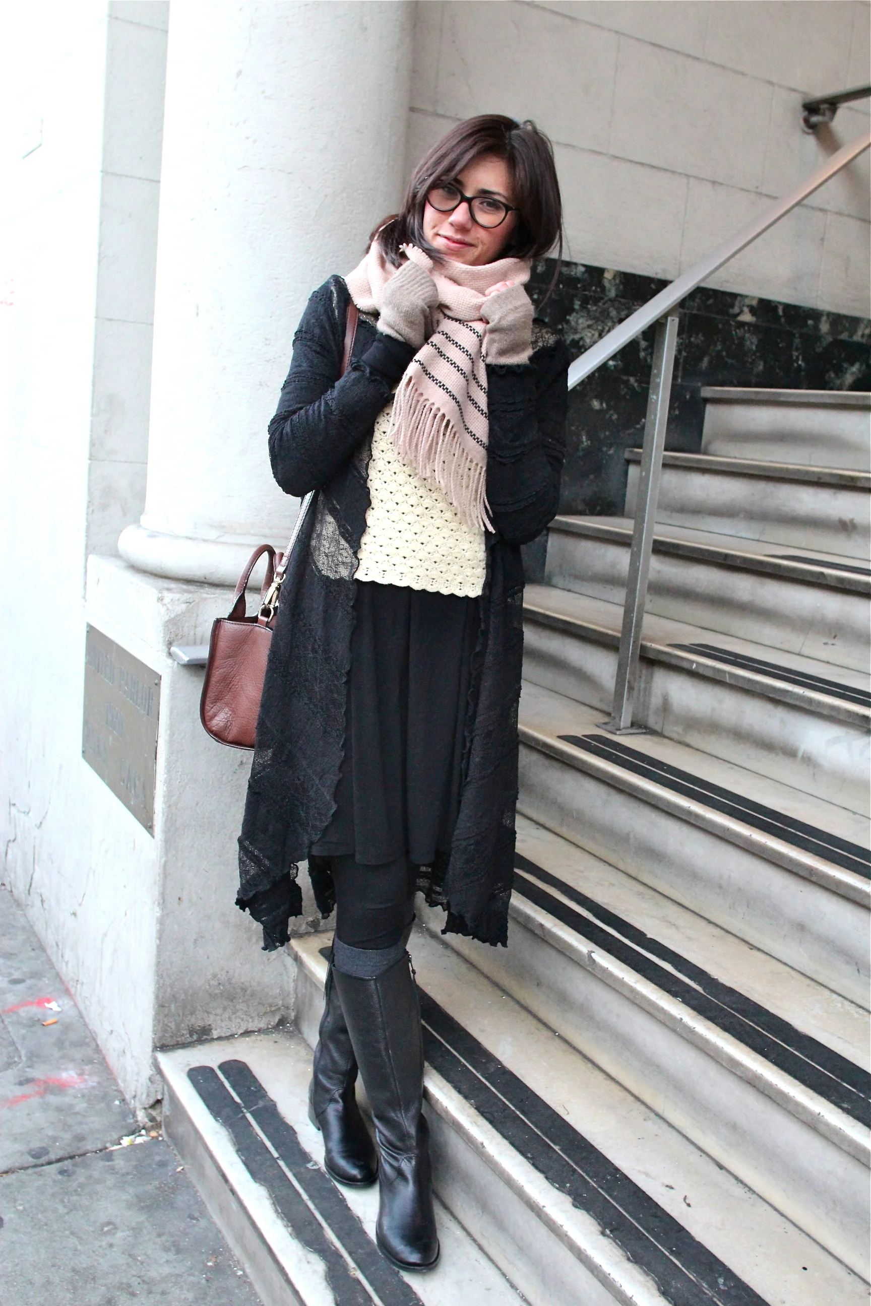 Black Dress: BCBG, Morning Glory; Top: Vintage; Lace Sweater: No Label, Bare Necessities; Leggings, Jigsaw London; Socks: Uniqlo; Boots: Jigsaw London; Bag: Kate Spade; Scarf, J.Crew