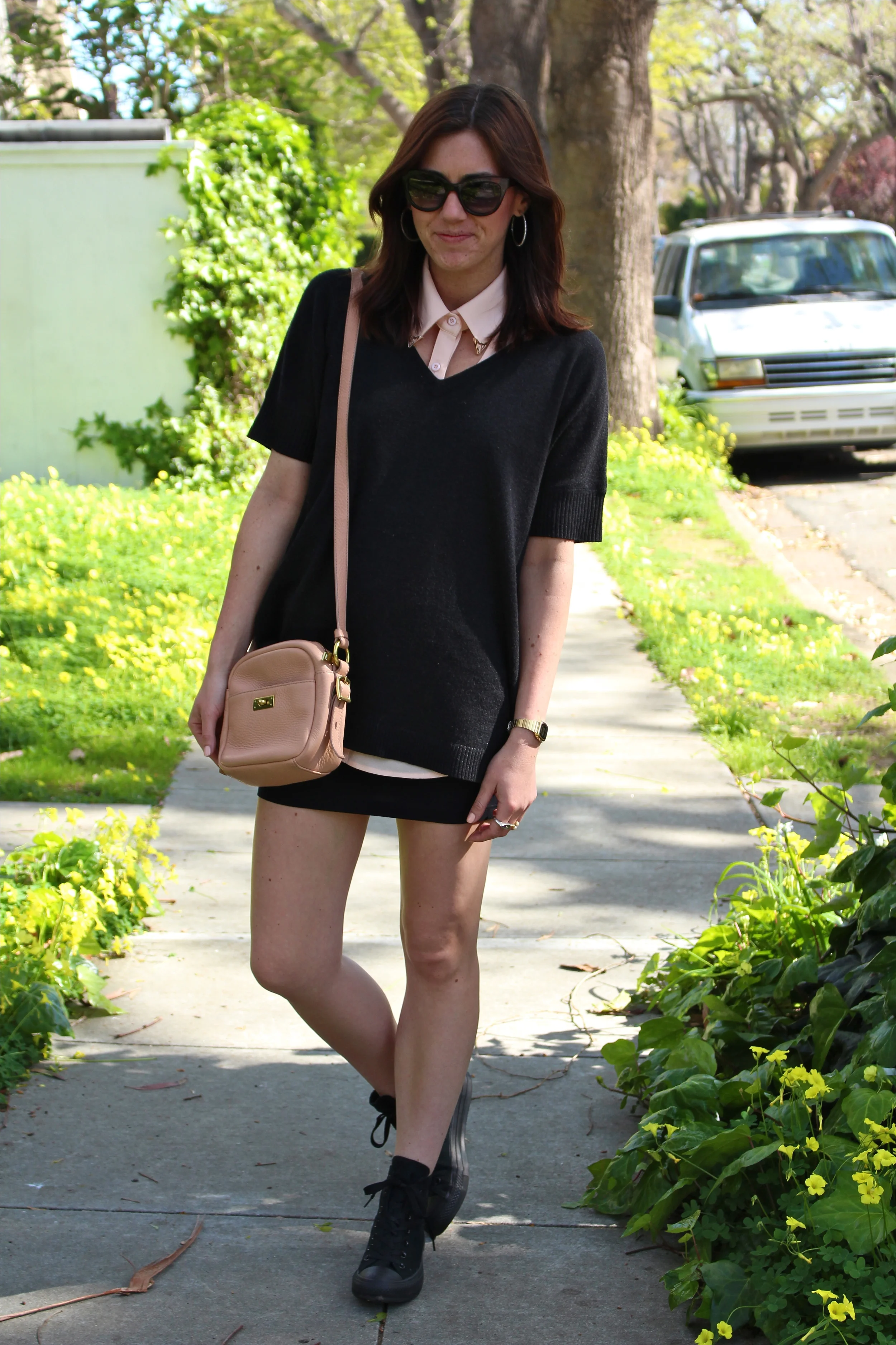 Sweater: Jigsaw London; Shirt: Sway; Sneakers: Converse; Skirt: unknown label, Loft; Watch: Casio, American Apparel, Ring: Vintage; Bag: J.Crew