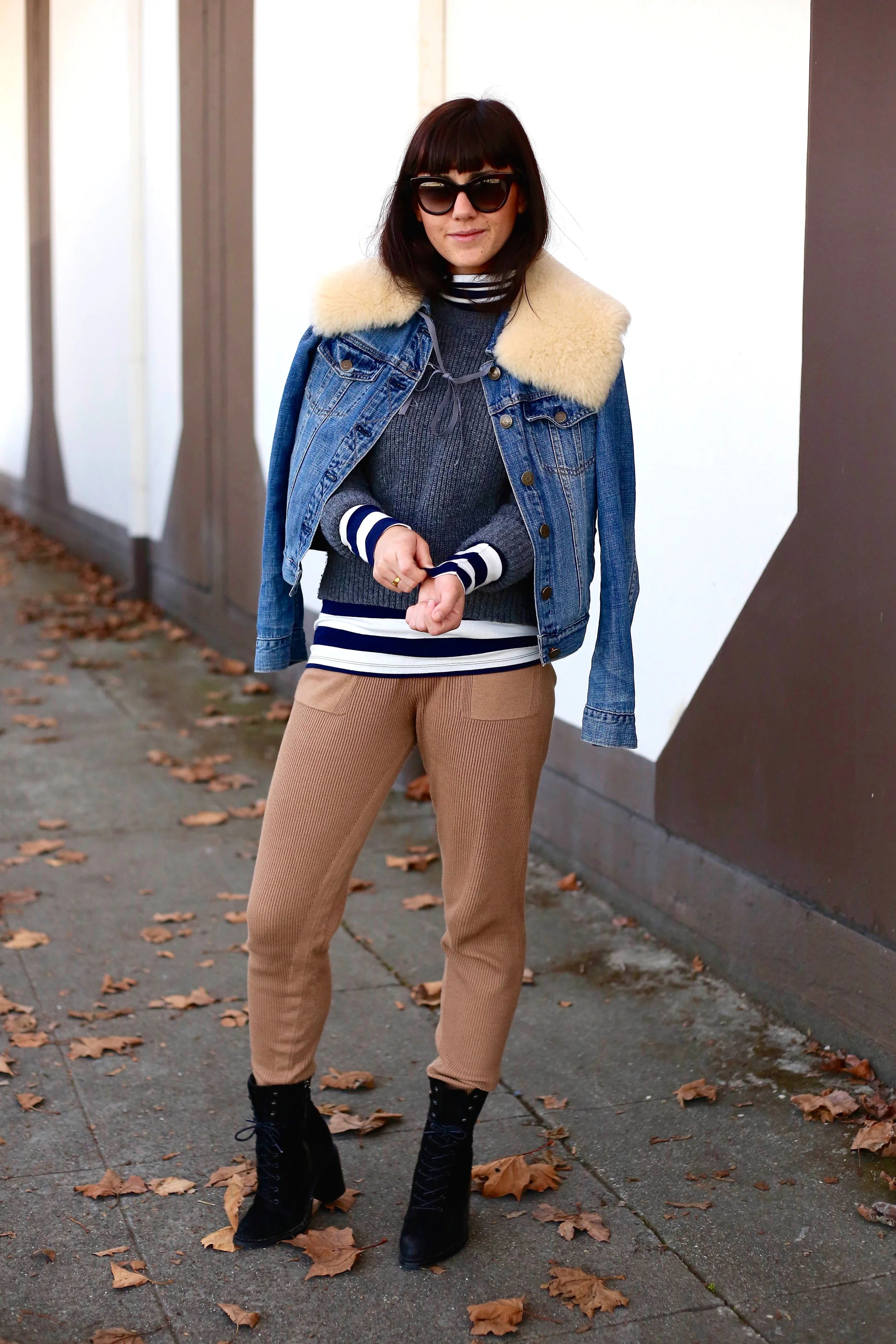 Turtleneck: Gap ; Sweater: Uniqlo ; Joggers: Zara ; Booties: Kurt Geiger (Old); Jean Jacket: J.Crew; Collar: the Podolls