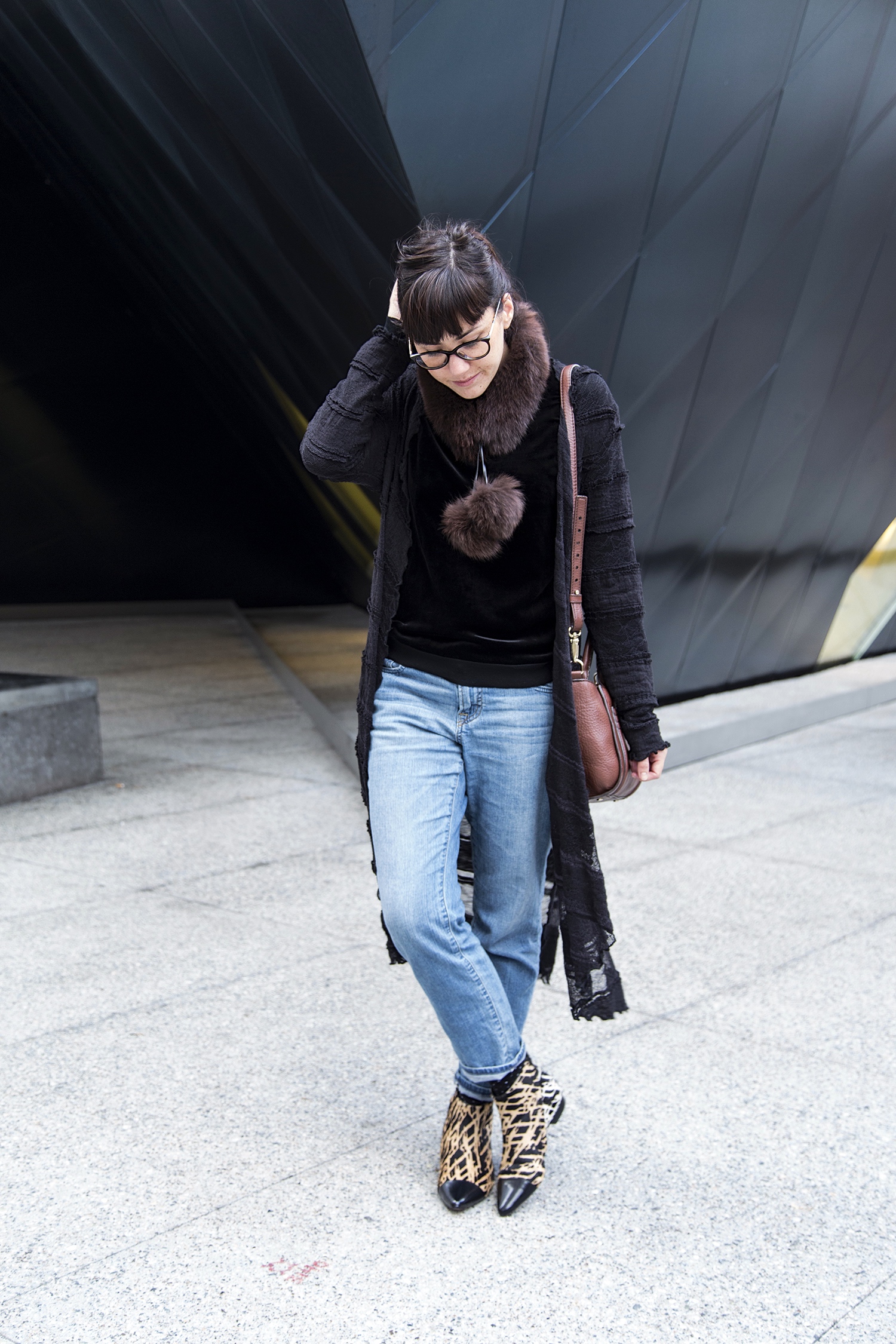 Lace Duster, Bare Necessities (an itty bitty boutique); Velvet Sweater: Jigsaw London ; Boyfriend Jeans: Uniqlo ; Bag: Kate Spade; Austin Boot: 10 Crosby by Derek Lam, via Marshalls; Fur Collar, Vintage