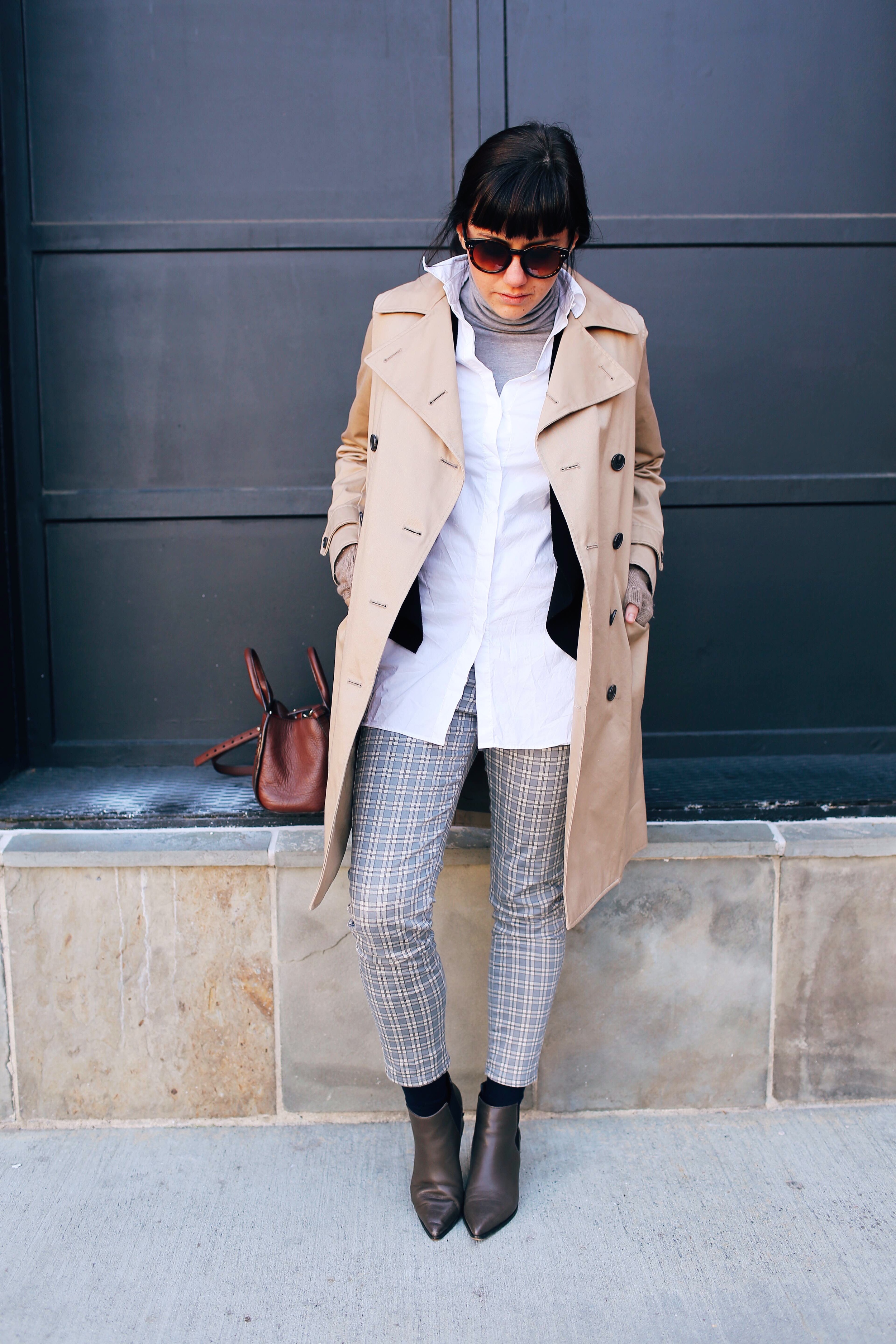 Turtleneck: Gap; Endless Shirt: J.Crew ( similar on sale ); Knit Blazer: Jigsaw London ; Easy Legging Pant: Uniqlo; Boots: Steve Madden, DSW ; Trench Jacket: Uniqlo