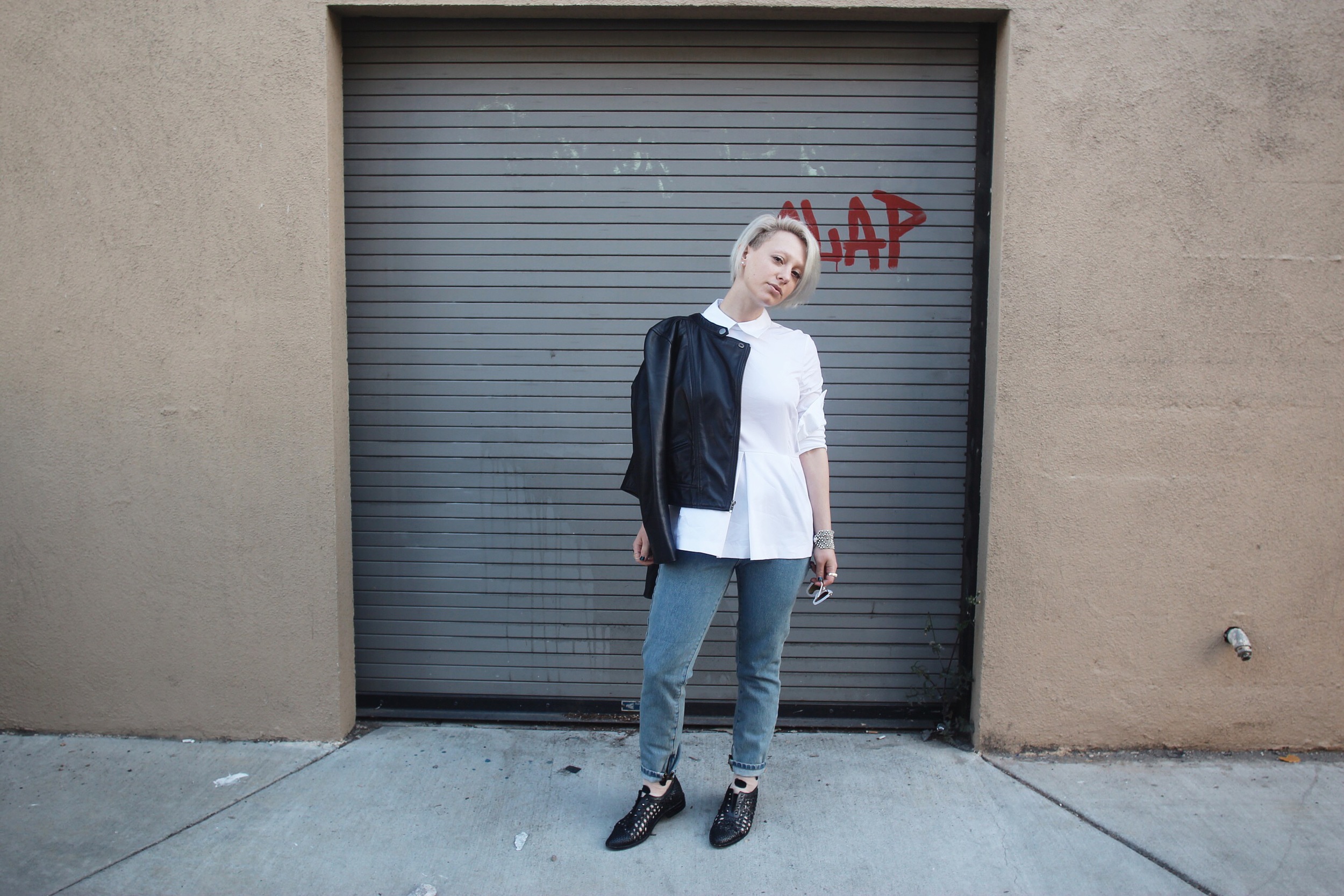 Jacket: Rubbish via Nordstrom, Blouse: Zara , Jeans: Objects Without Meaning , Socks: Hansel From Basel , Shoes: Freda Salvador , Bracelet: Liquid Metal Jewelry , X-Ring: Waffles and Honey , Sunglasses: Free People