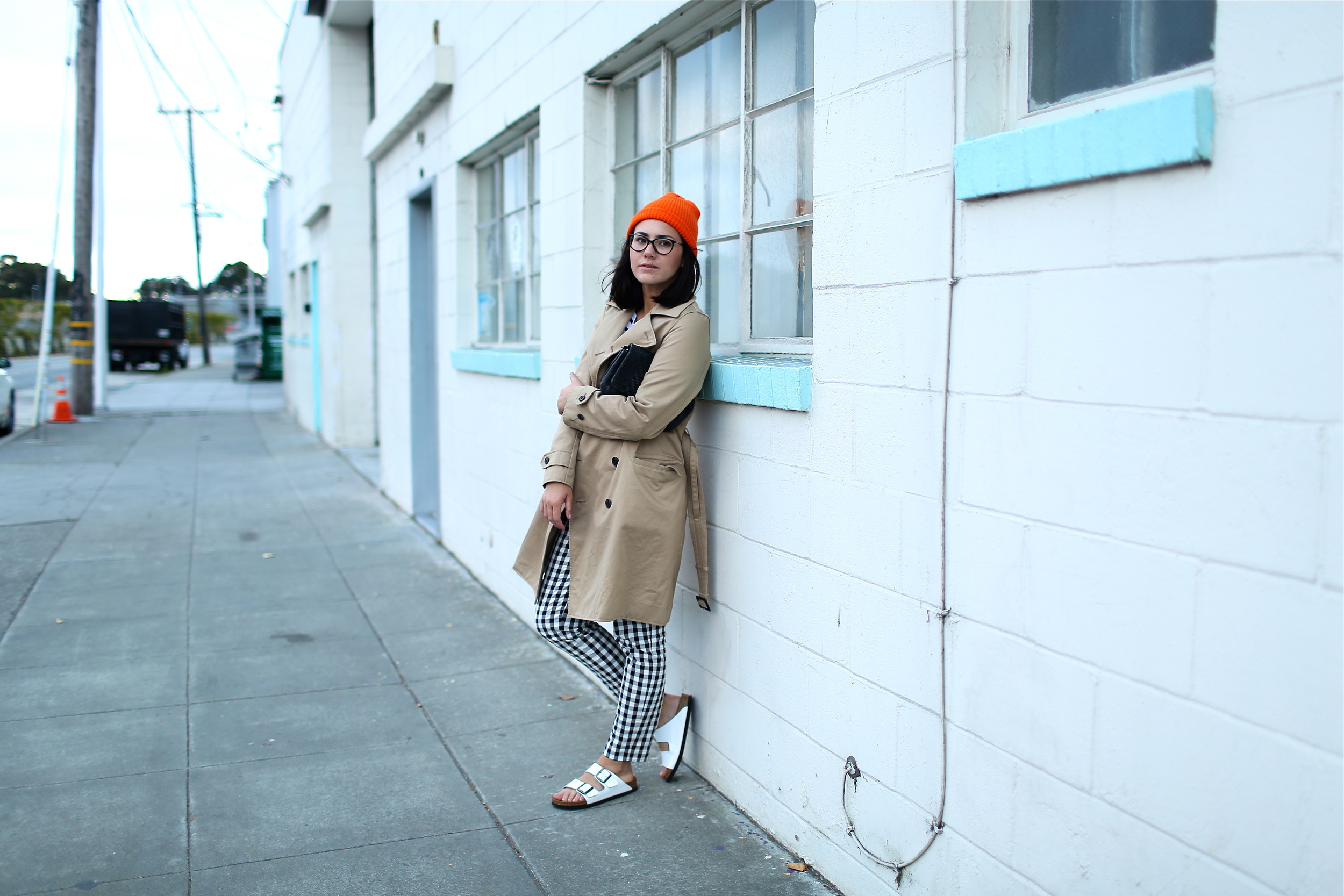 Trench Coat: Uniqlo; Stripe Shirt: Jigsaw London; Pants: Loft (on sale!); Arizona Sandal: Birkenstock; Woven Bag: Jigsaw London, (old) similar here; Beanie: Azalea