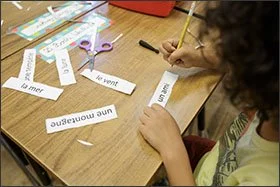 Second grader Bodhi Weatherford, 7, reviews vocabulary during a French class at the Franklin International Language Academy in Glendale, Calif. Since 2002, the Glendale district has given special recognition to students who demonstrate biliteracy. —Emile Wamsteker for Education Week