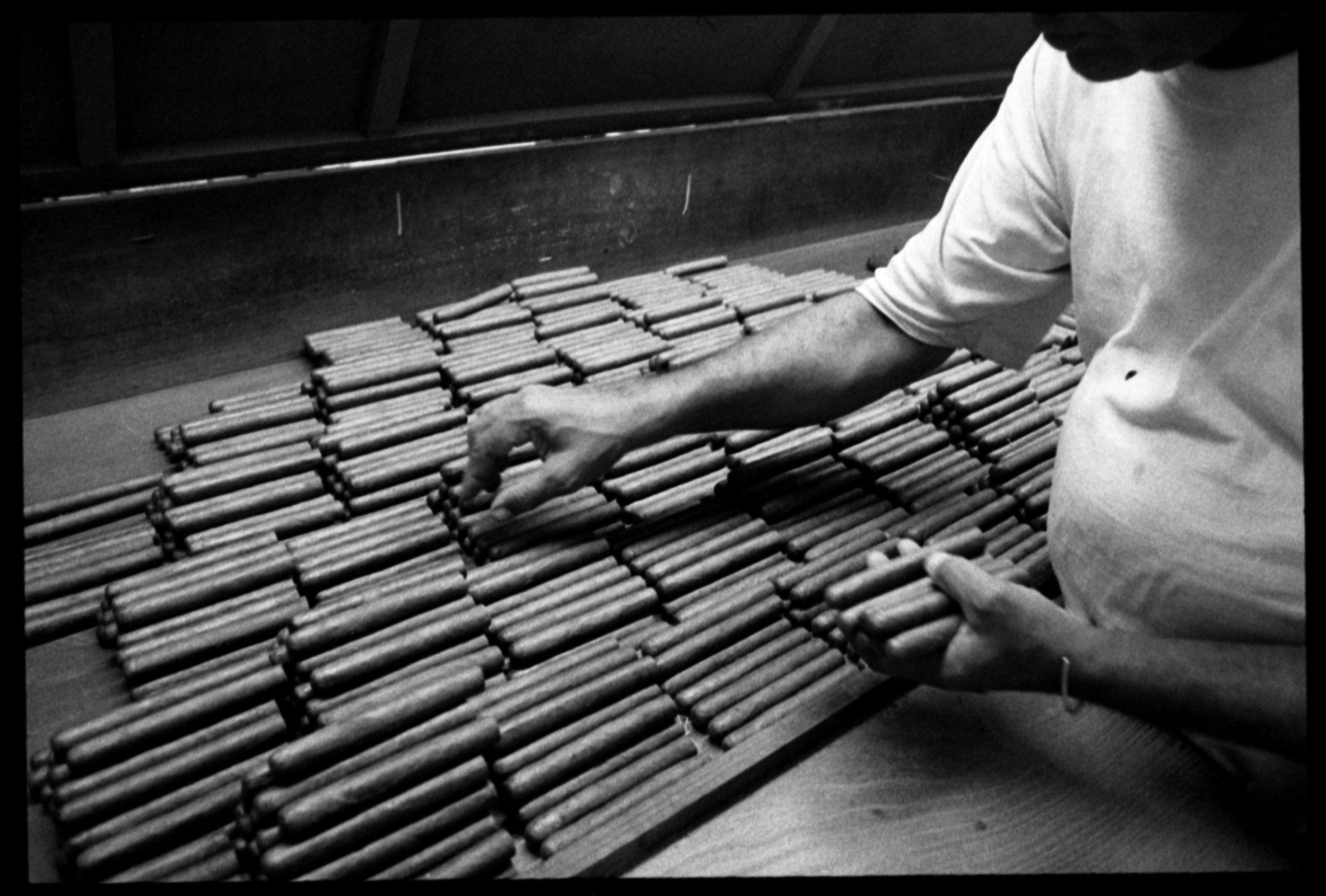  A factory worker grading the cigars by color.  This is done so one box of cigars has consistent shades of wrapper leaves. 