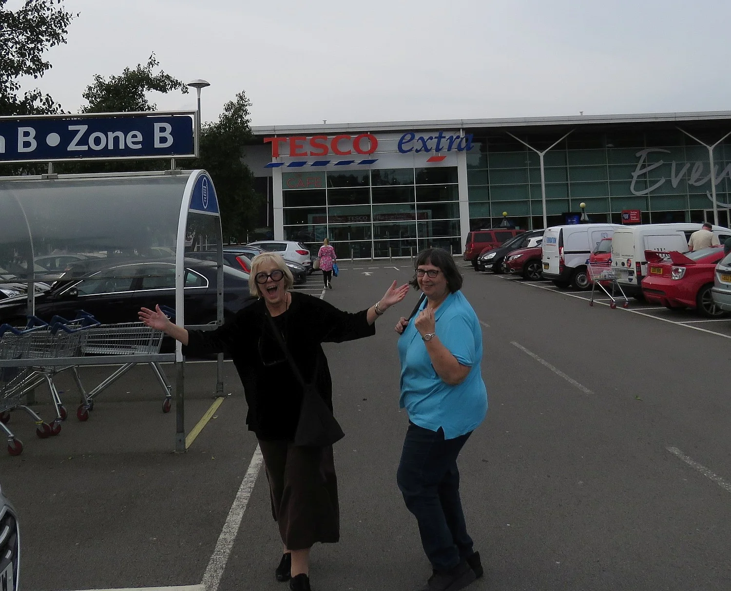 Hello Tesco! Norah and I prepare to begin our shopping tour of the UK.