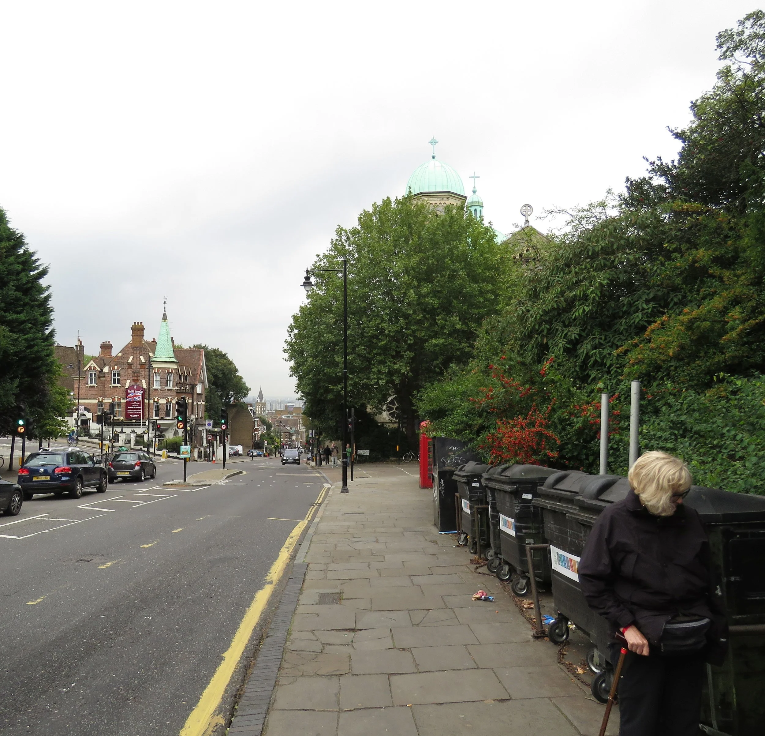 Walking up and up Highgate Street. You can barely see the City of London in the distance at the bottom of the street.