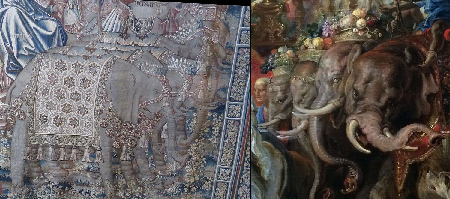 Elephants from one of the Flemish tapestries next to the elephants from a huge Rubens painting at the National. They were both created in the late 16th century. 