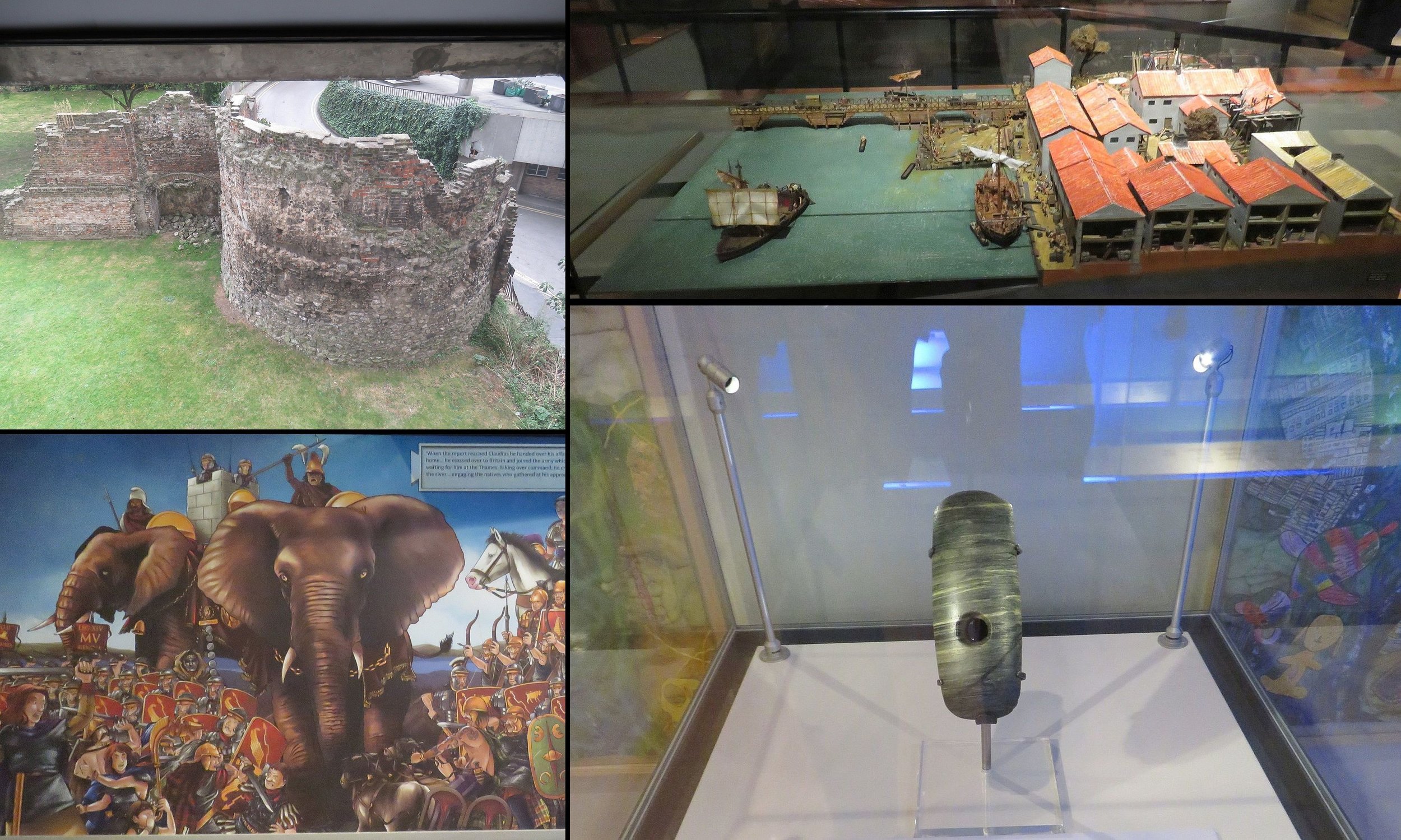From the Museum of London, clockwise from upper left: view of the Roman city wall, first bridge over the Thames, wooden pontoons that floated with the tide, polished mace-head (probably sacrificial) found in the Thames, elephants used by Romans conquering the Celts - like Pizarro and the Incas only bigger and scarier than horses. 