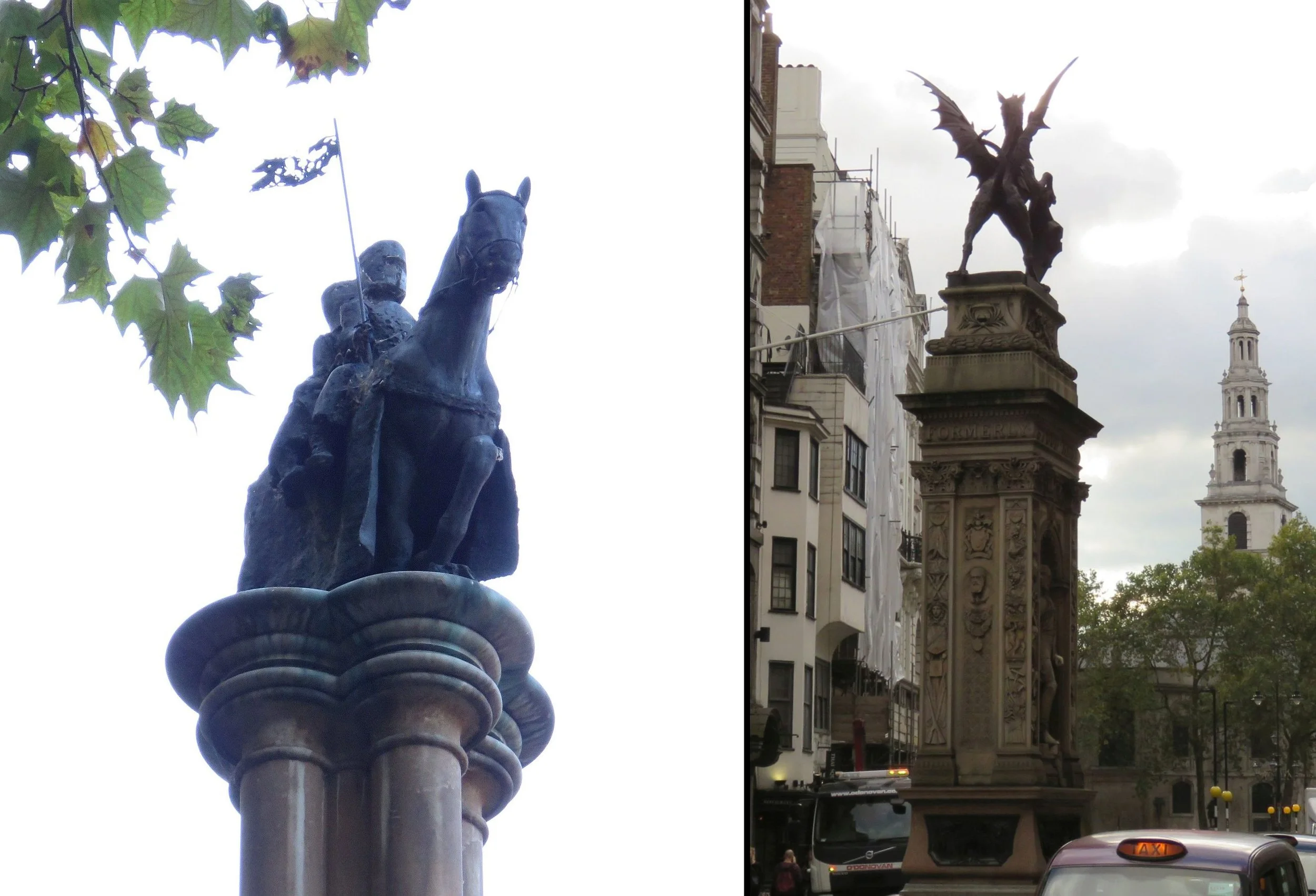 Temple courtyard, two Knights Templar riding one horse, their supposed practice of economy. Pity the horse. The London Bar, rising from the middle of Fleet Street, represents the divide between the royals in Westminster and the protected wealthy merchants of the City of London.