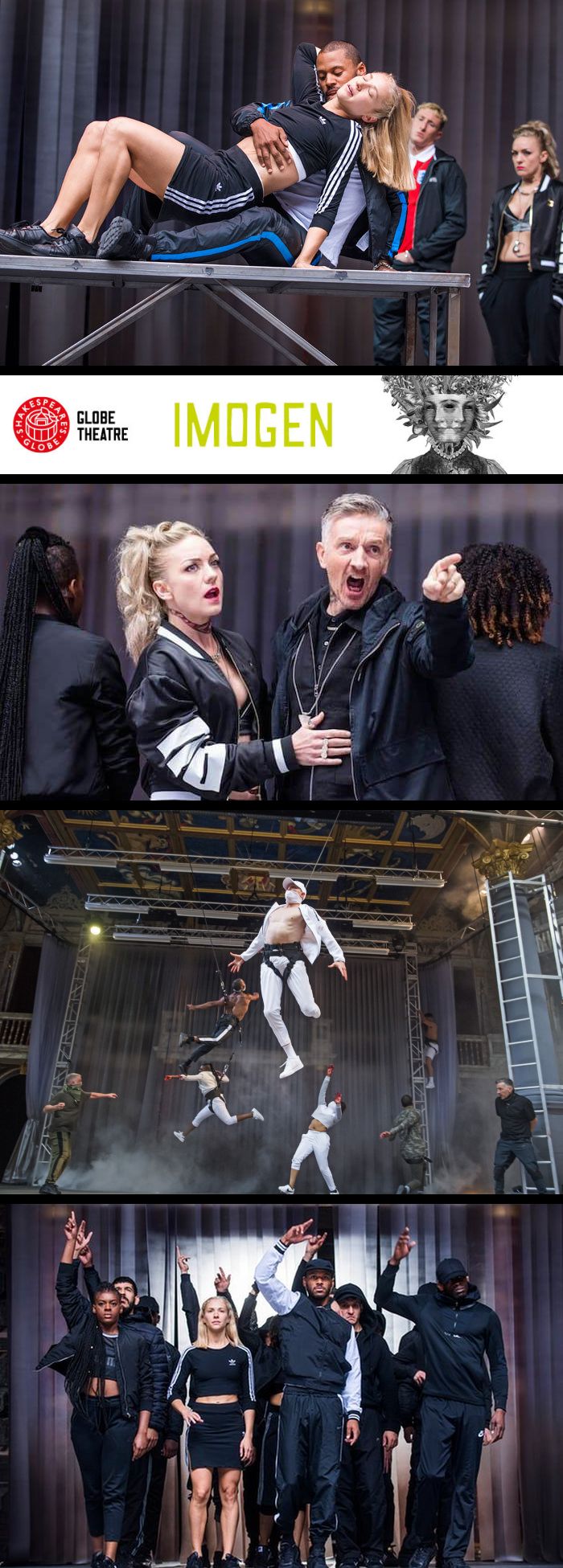 Montage from Imogen: Imogen and her husband, Posthumus; King Cymbeline and the Queen; war scene effectively used flying to give more action on the small stage; the ensemble. 