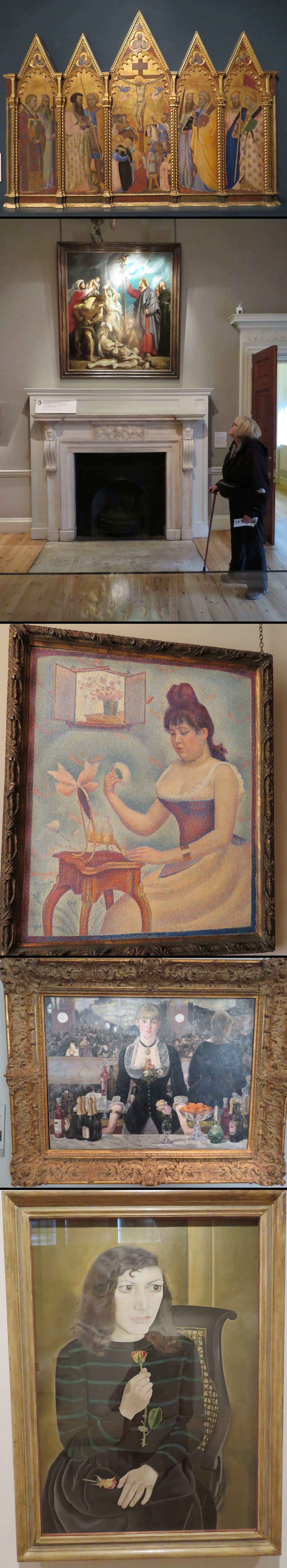 Paintings from the top: Daddi's Crucifixion with Saints, Rubens's Moses with Serpent, Seurat's Woman with a Powder Puff, Manet's Bar at the Folies-Bergere, Lucien Freud's Girl with Roses. Freud is a favorite artist of ours. This is a very early work painted in 1942. He was active until he died in 2011.