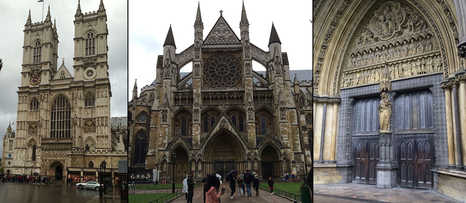 Facades of Westminster Abbey on a rainy Sunday