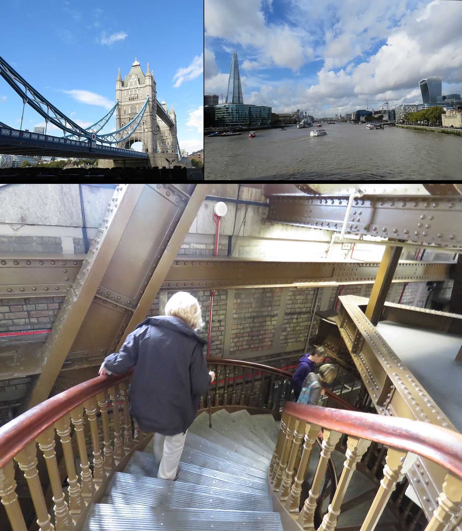 Tower Bridge; The Shard highrise on the north side of the Thames, 40 Fennchurch on the south; down the stairs inside of Tower Bridge.
