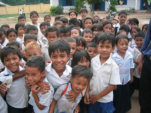 This photo of Cambodian school children was posted online with a request for $10 donations to a respected organization in order to "send a child to school."