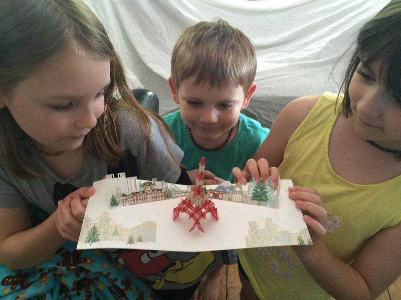 This amazing Christmas card came from Moe, our last Japanese exchange student. The children were fascinated with it and carefully took turns playing with it for days before I could have a turn!
